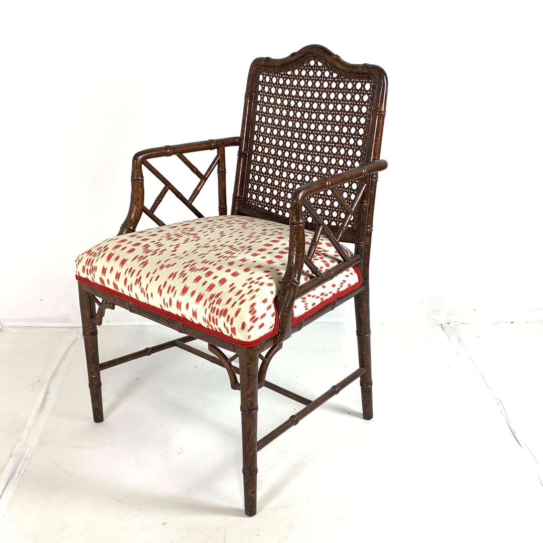 Set of 6 Upholstered Faux Bois Bamboo Chinese Chippendale Cane Dining Chairs 1