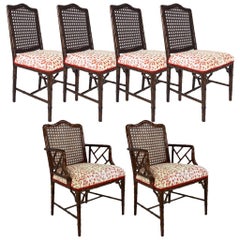 Set of 6 Upholstered Faux Bois Bamboo Chinese Chippendale Cane Dining Chairs