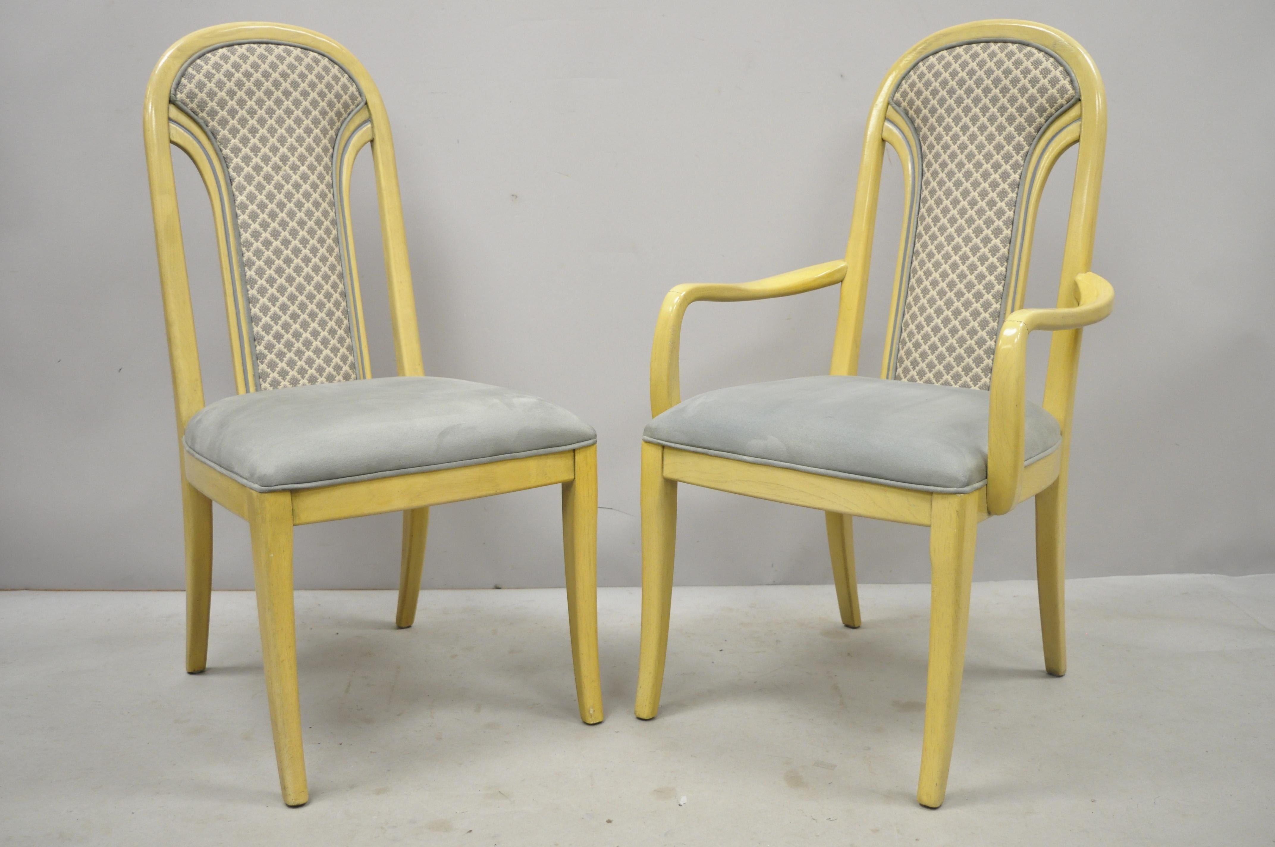 Set of 6 vintage Art Deco style cream upholstered back dining chairs attributed to Henredon. Listing includes (2) armchairs, (4) side chairs, cream painted finish, blue painted accents, solid wood frame, upholstered seat, tapered legs, very nice