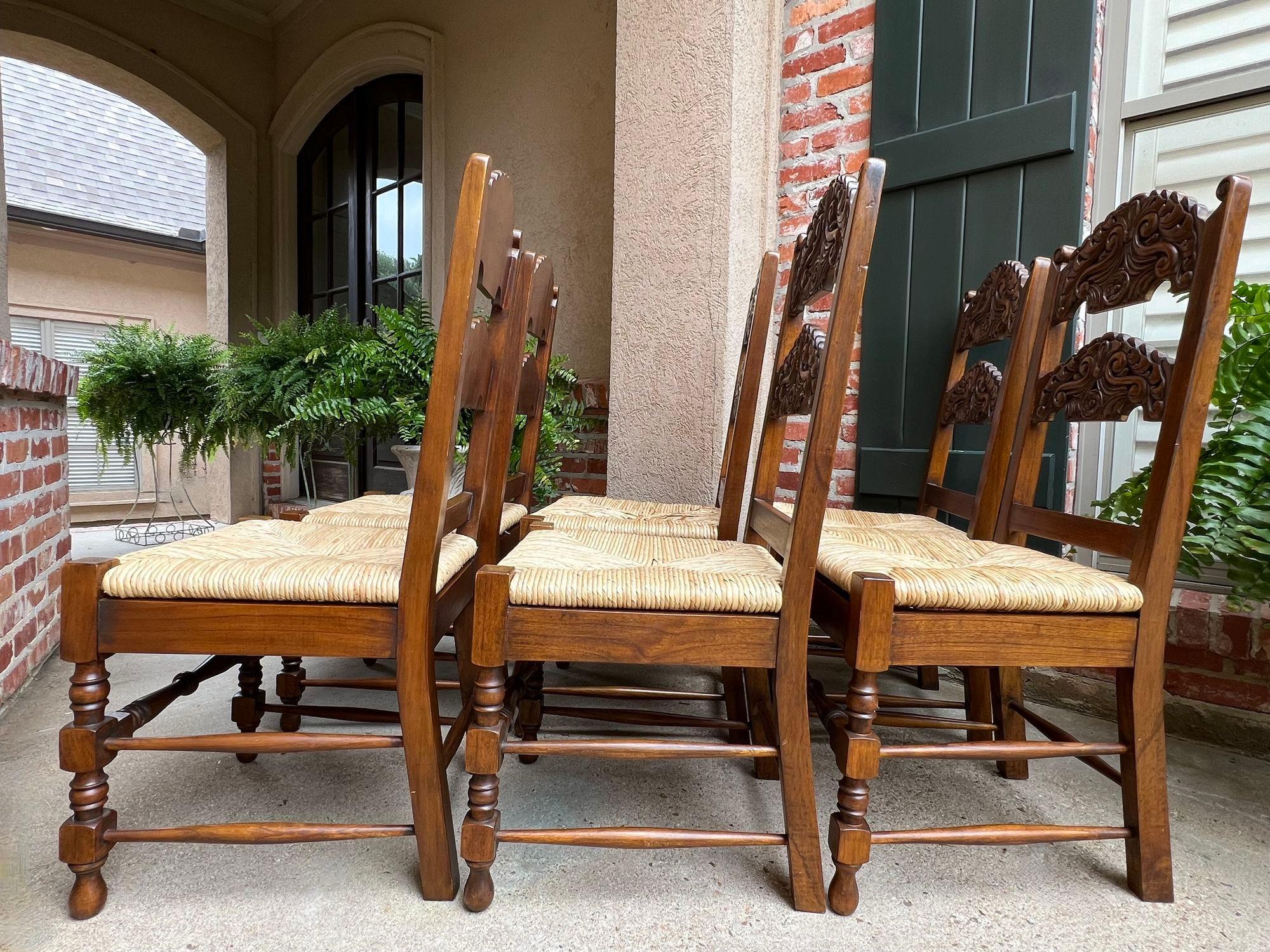 Set 6 Vintage English Dining Side Chairs Carved Oak Rush Seat Yorkshire Style For Sale 4