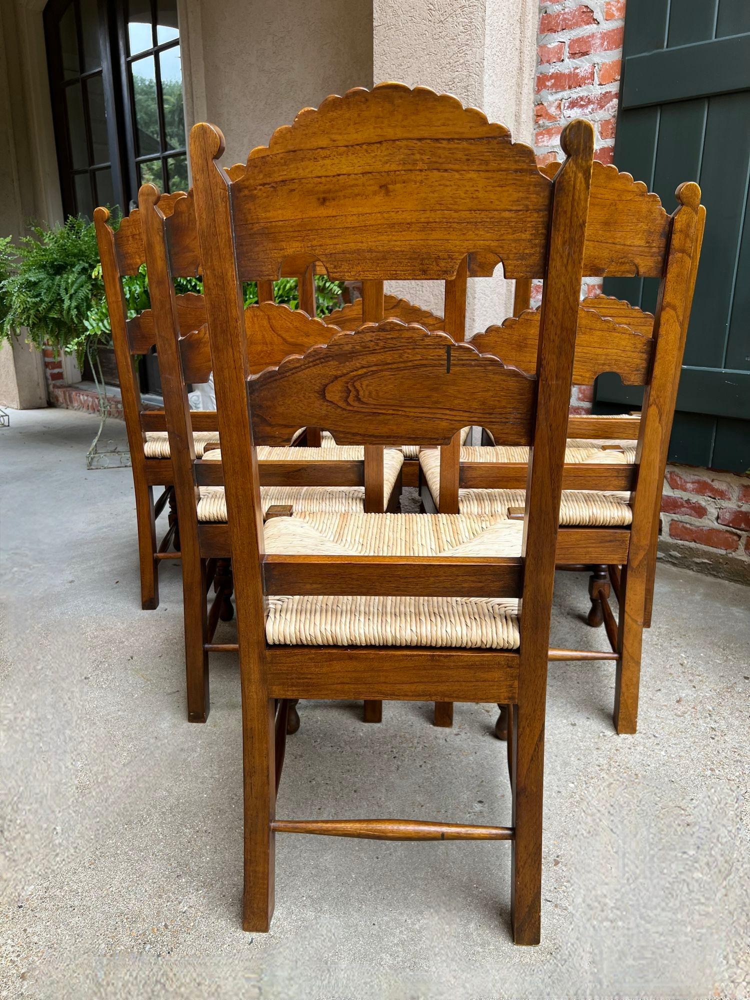Set 6 Vintage English Dining Side Chairs Carved Oak Rush Seat Yorkshire Style For Sale 5