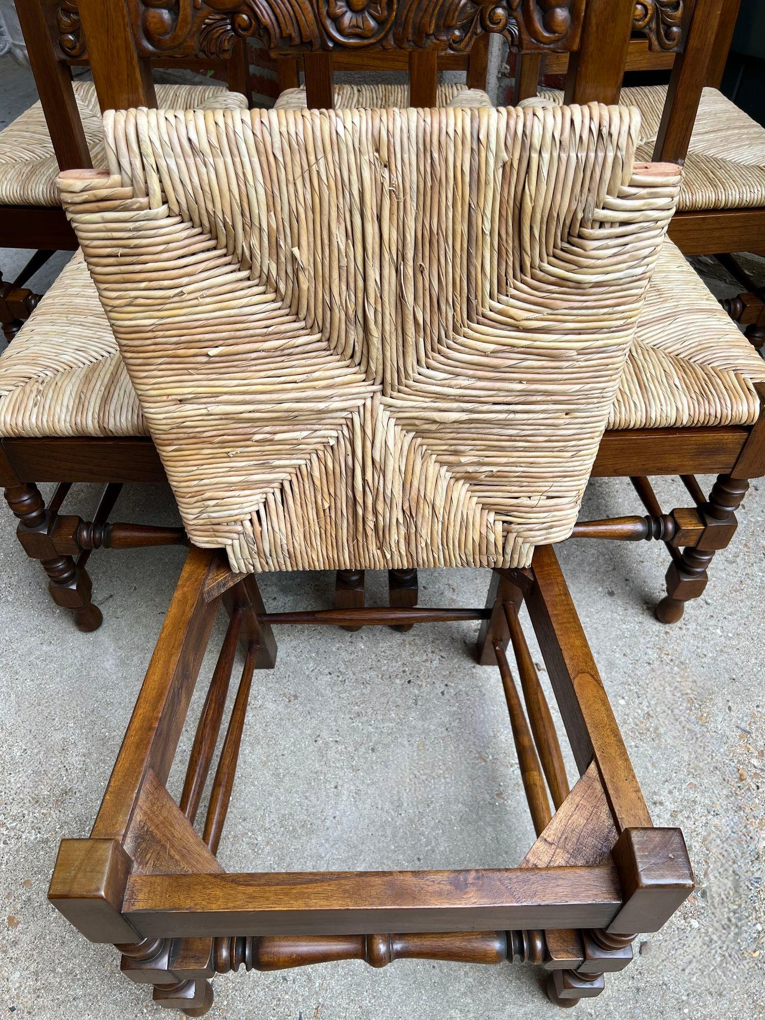 Set 6 Vintage English Dining Side Chairs Carved Oak Rush Seat Yorkshire Style For Sale 6