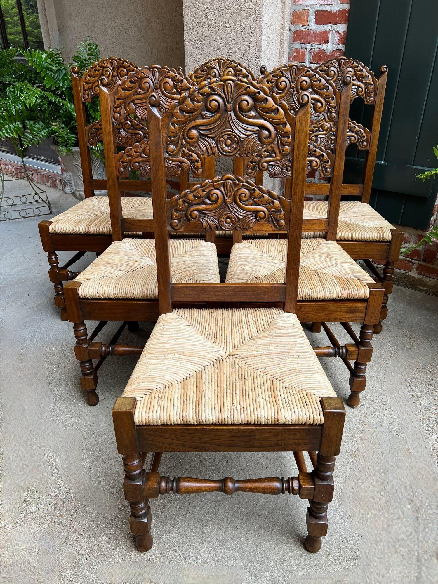 Set 6 Vintage English Dining Side Chairs Carved Oak Rush Seat Yorkshire Style For Sale 7