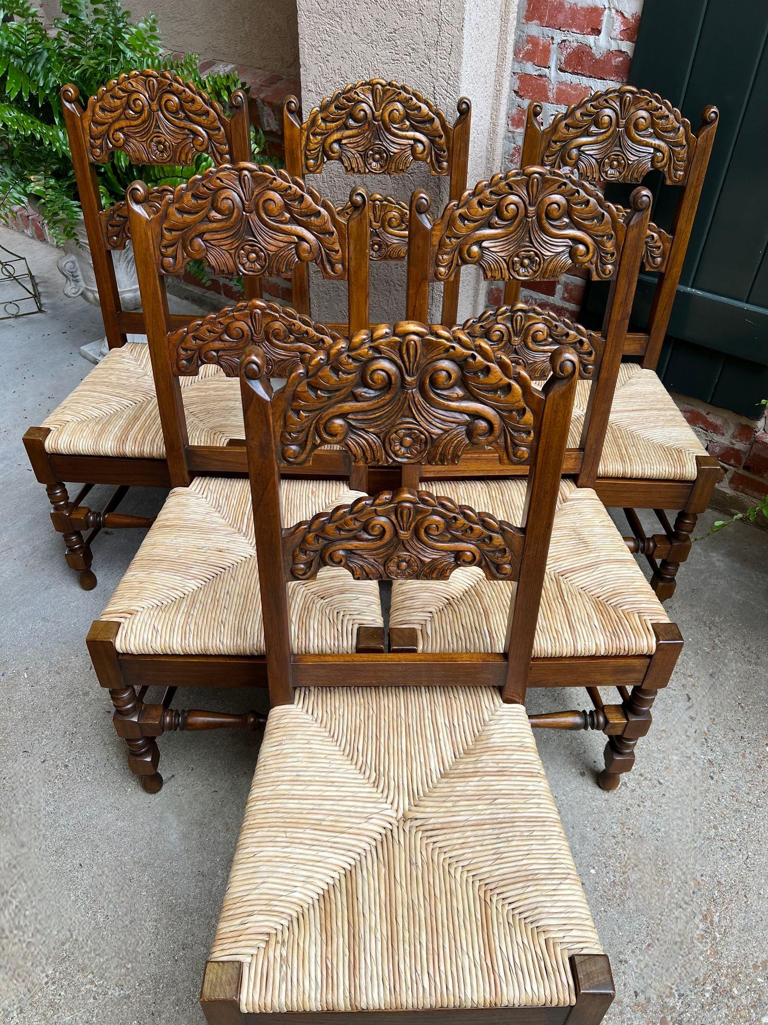 Set 6 Vintage English Dining Side Chairs Carved Oak Rush Seat Yorkshire Style For Sale 8