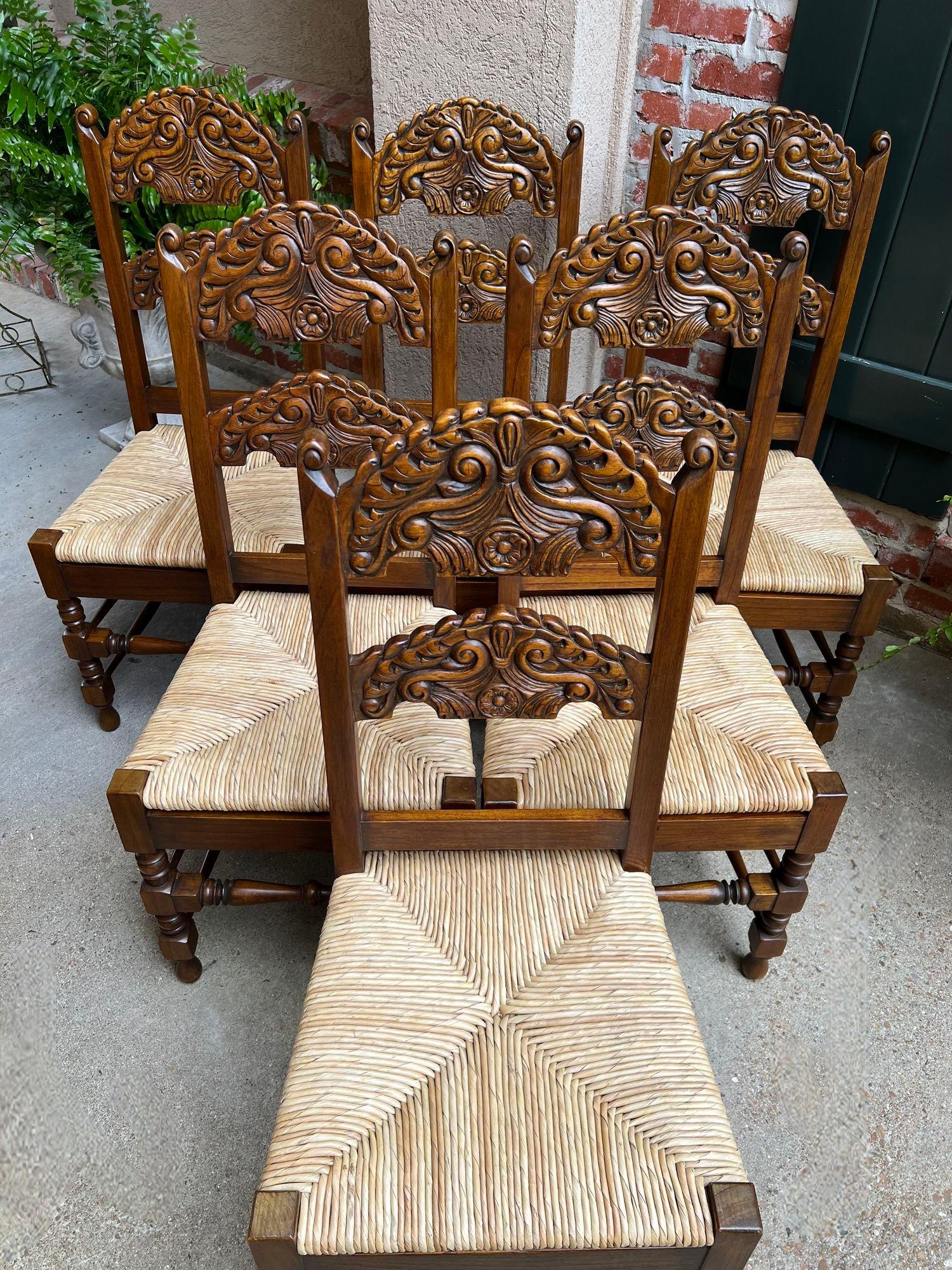 Set 6 Vintage English Dining Side Chairs Carved Oak Rush Seat Yorkshire Style 8