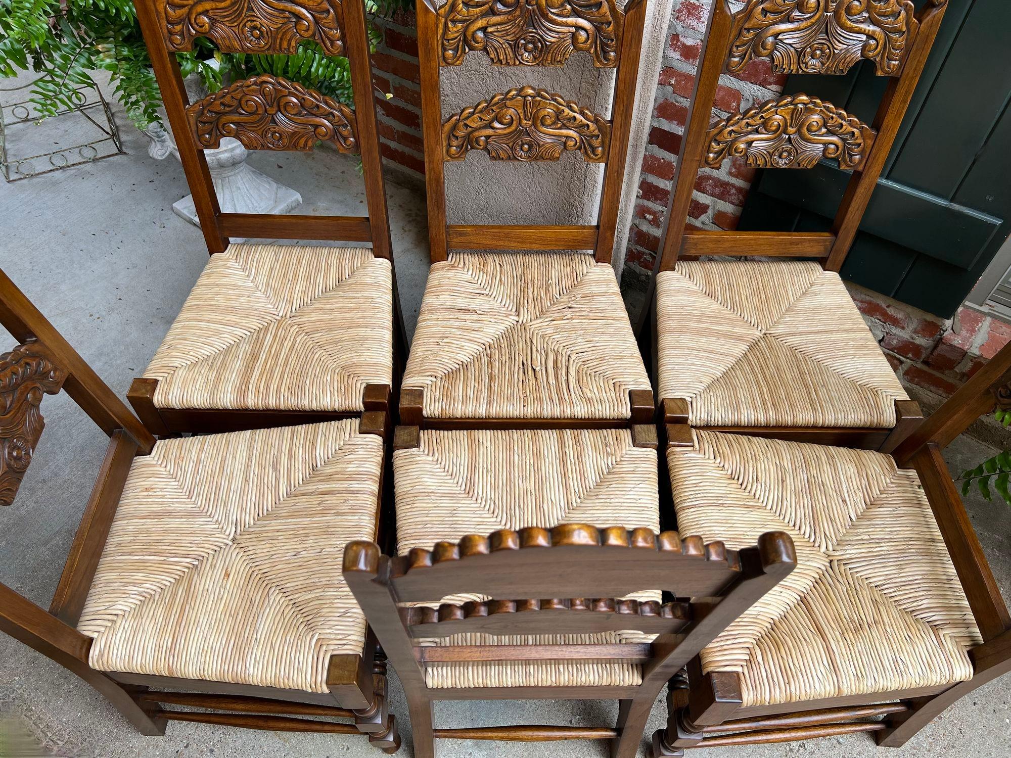 Set 6 Vintage English Dining Side Chairs Carved Oak Rush Seat Yorkshire Style For Sale 9