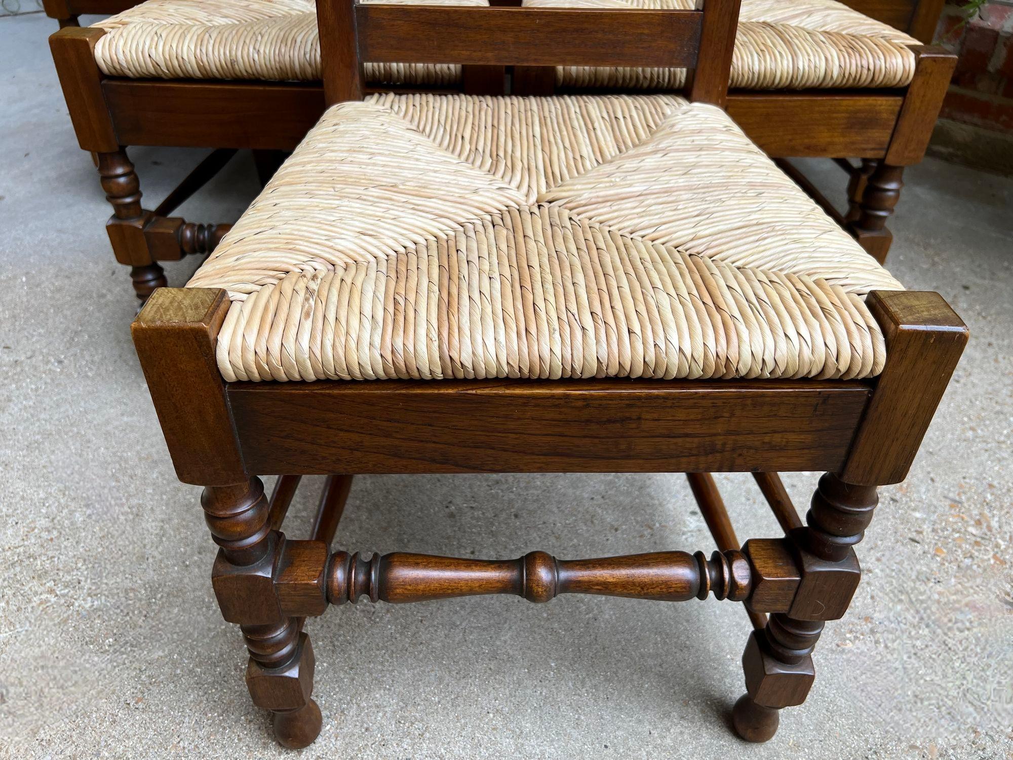 Set 6 Vintage English Dining Side Chairs Carved Oak Rush Seat Yorkshire Style For Sale 10