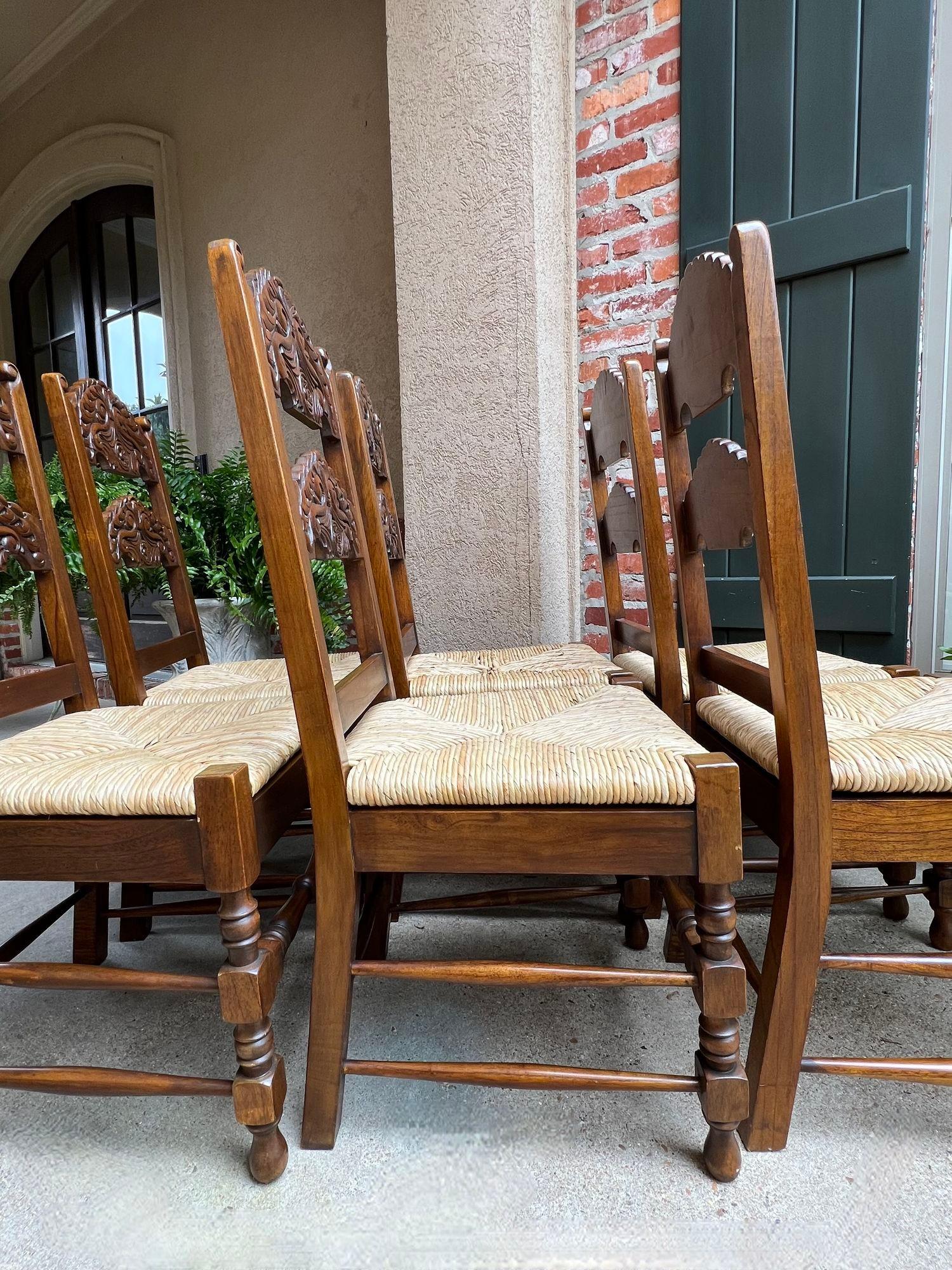 Set 6 Vintage English Dining Side Chairs Carved Oak Rush Seat Yorkshire Style For Sale 11
