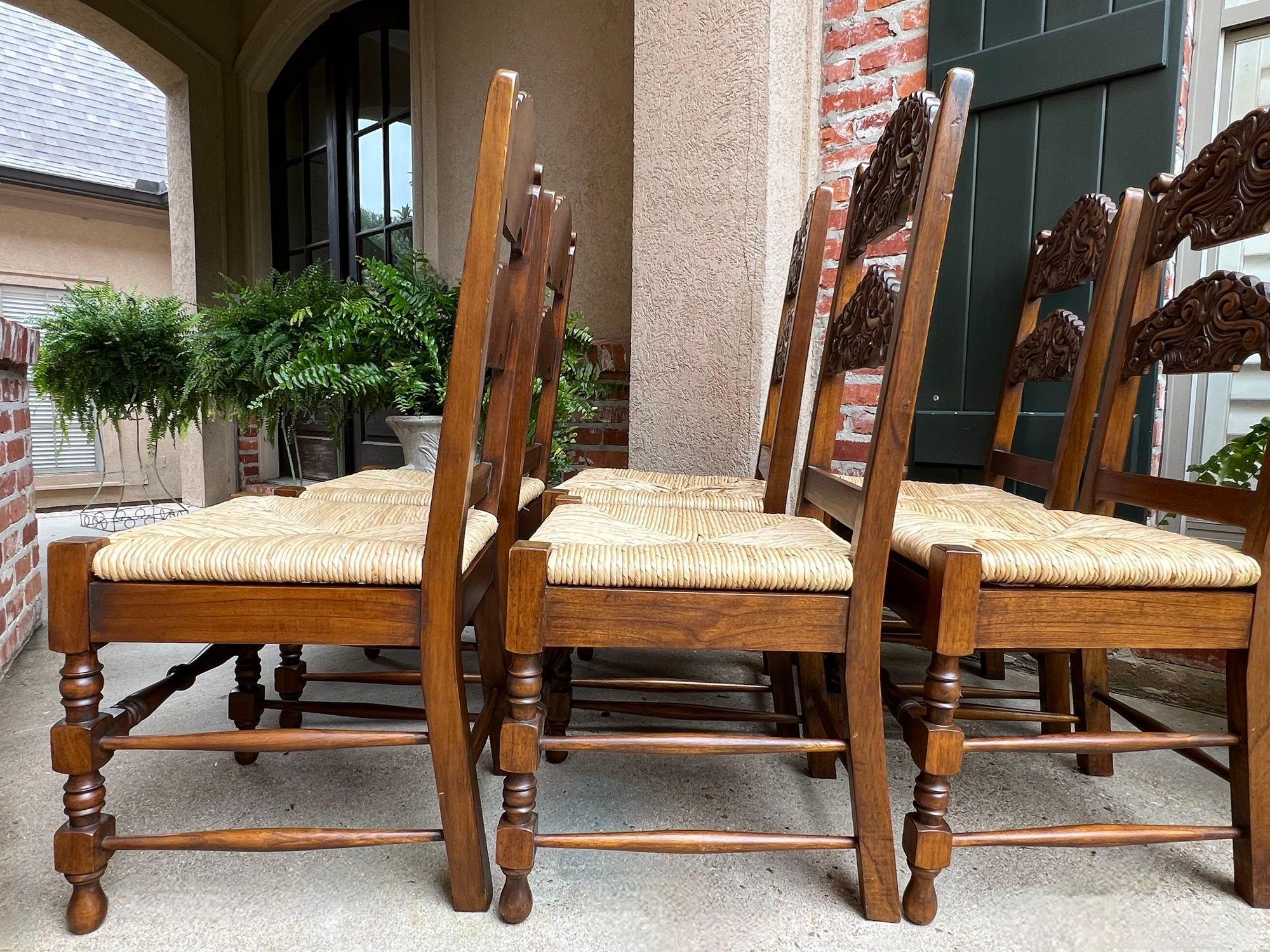 Set 6 Vintage English Dining Side Chairs Carved Oak Rush Seat Yorkshire Style For Sale 12