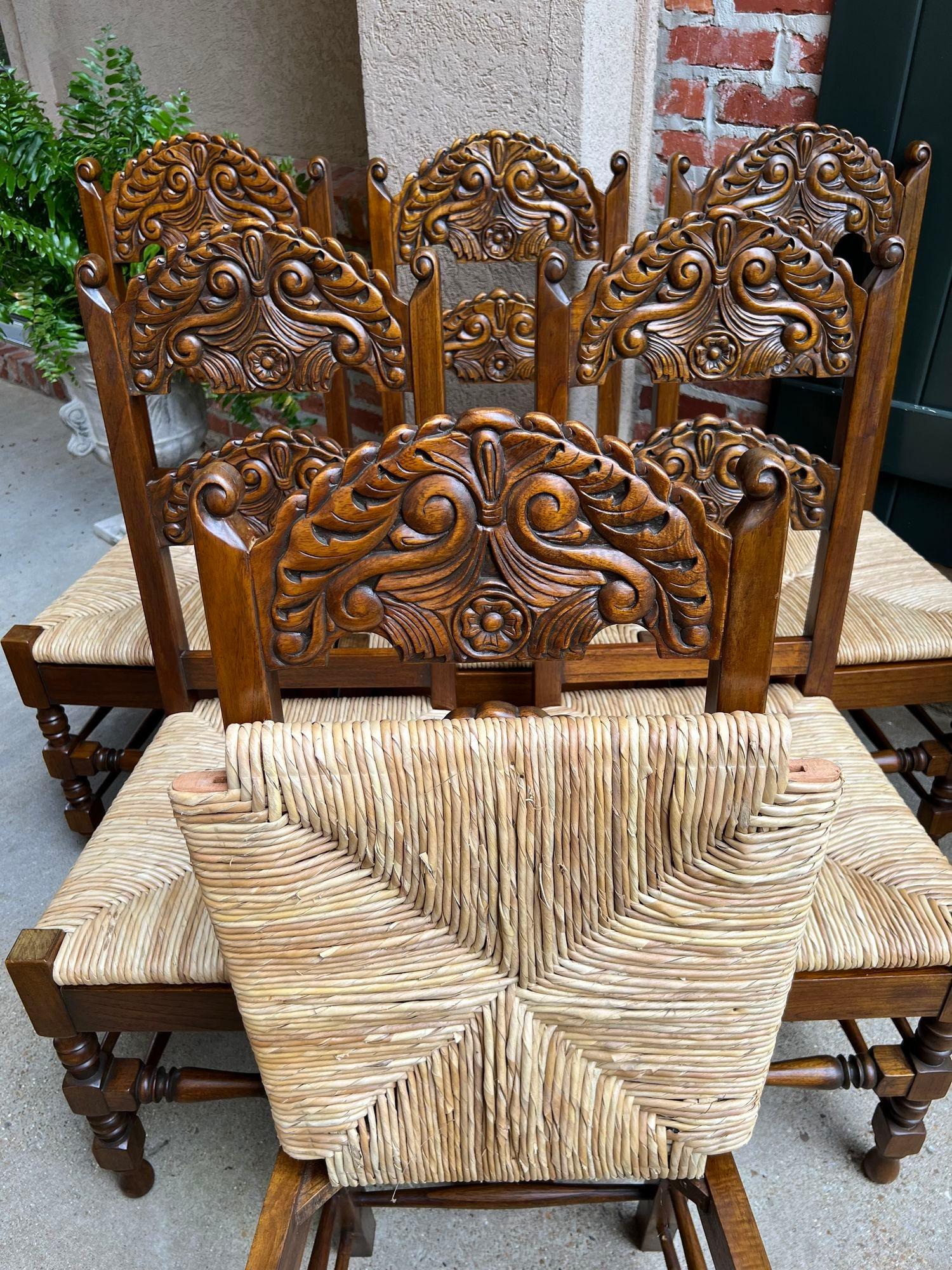 Set 6 Vintage English Dining Side Chairs Carved Oak Rush Seat Yorkshire Style For Sale 13