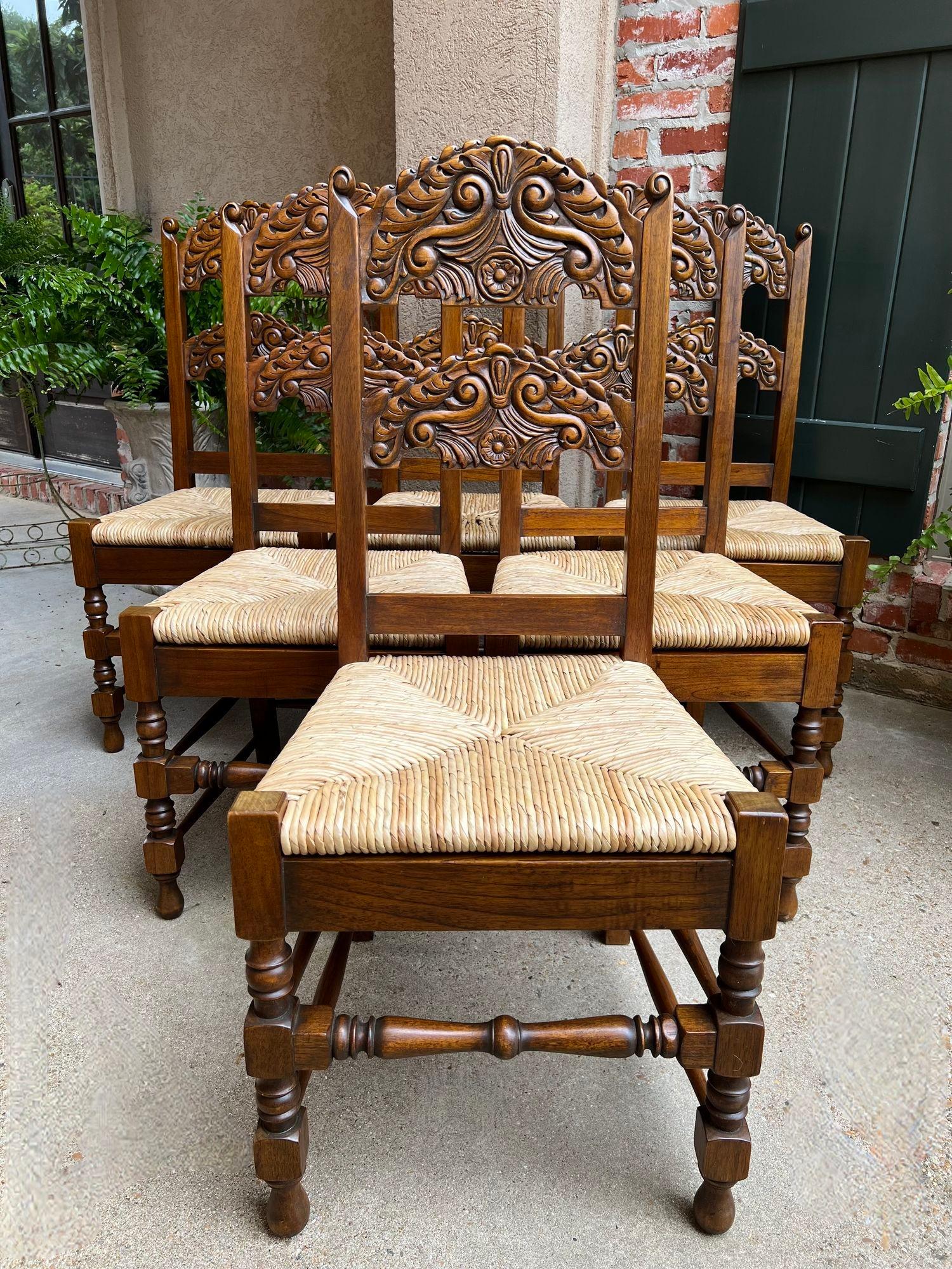 Set 6 Vintage English Dining Side Chairs Carved Oak Rush Seat Yorkshire Style.

Direct from England, a beautiful set of SIX vintage English dining chairs, with classic British style…perfect for a kitchen OR dining room!
With “Yorkshire” styling