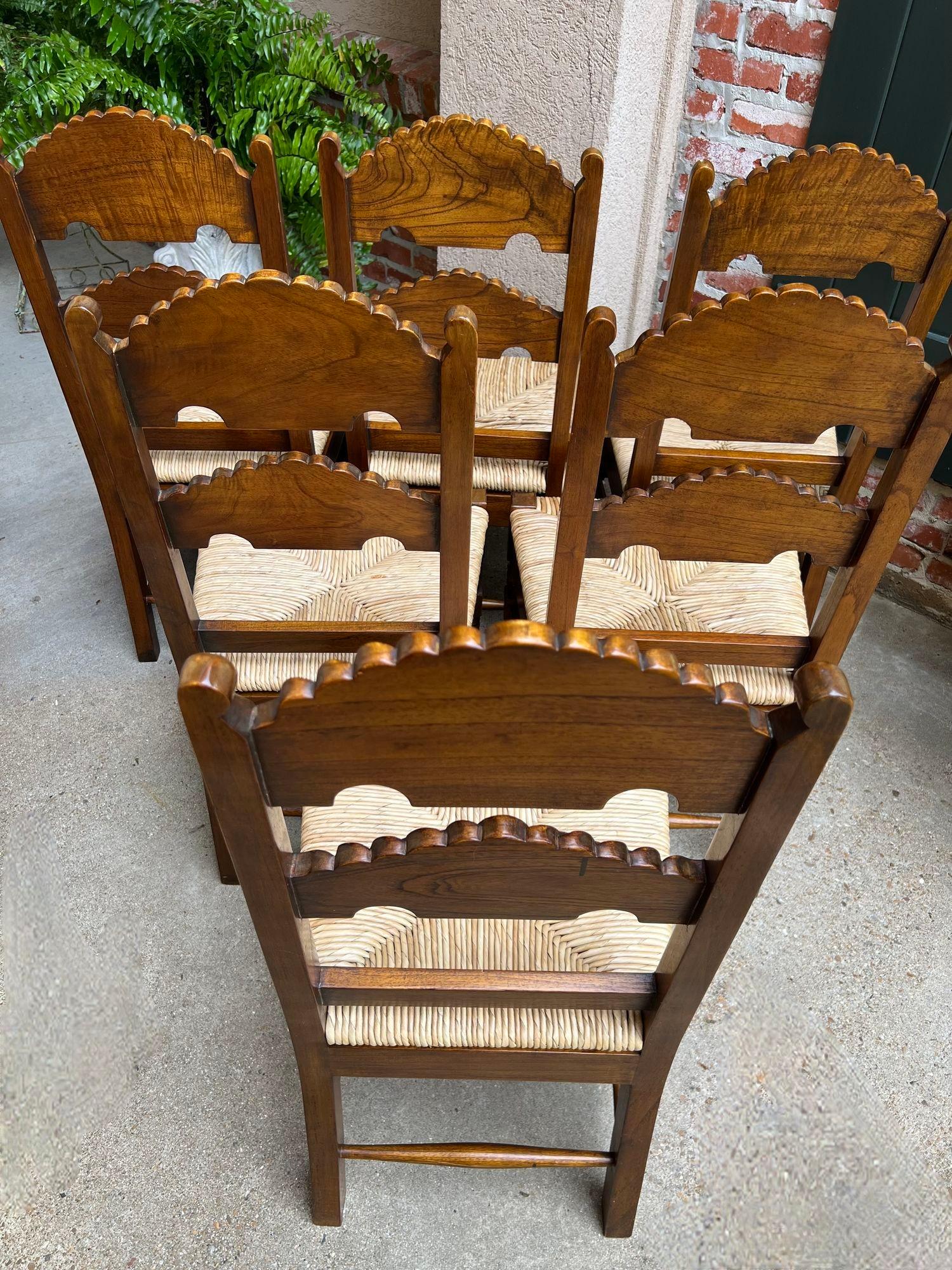 Set 6 Vintage English Dining Side Chairs Carved Oak Rush Seat Yorkshire Style For Sale 14