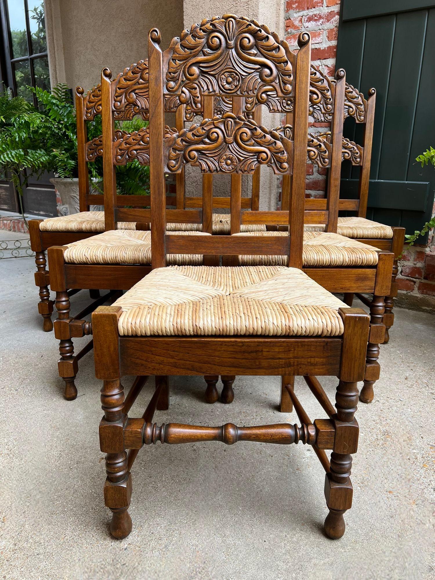Jacobean Set 6 Vintage English Dining Side Chairs Carved Oak Rush Seat Yorkshire Style For Sale