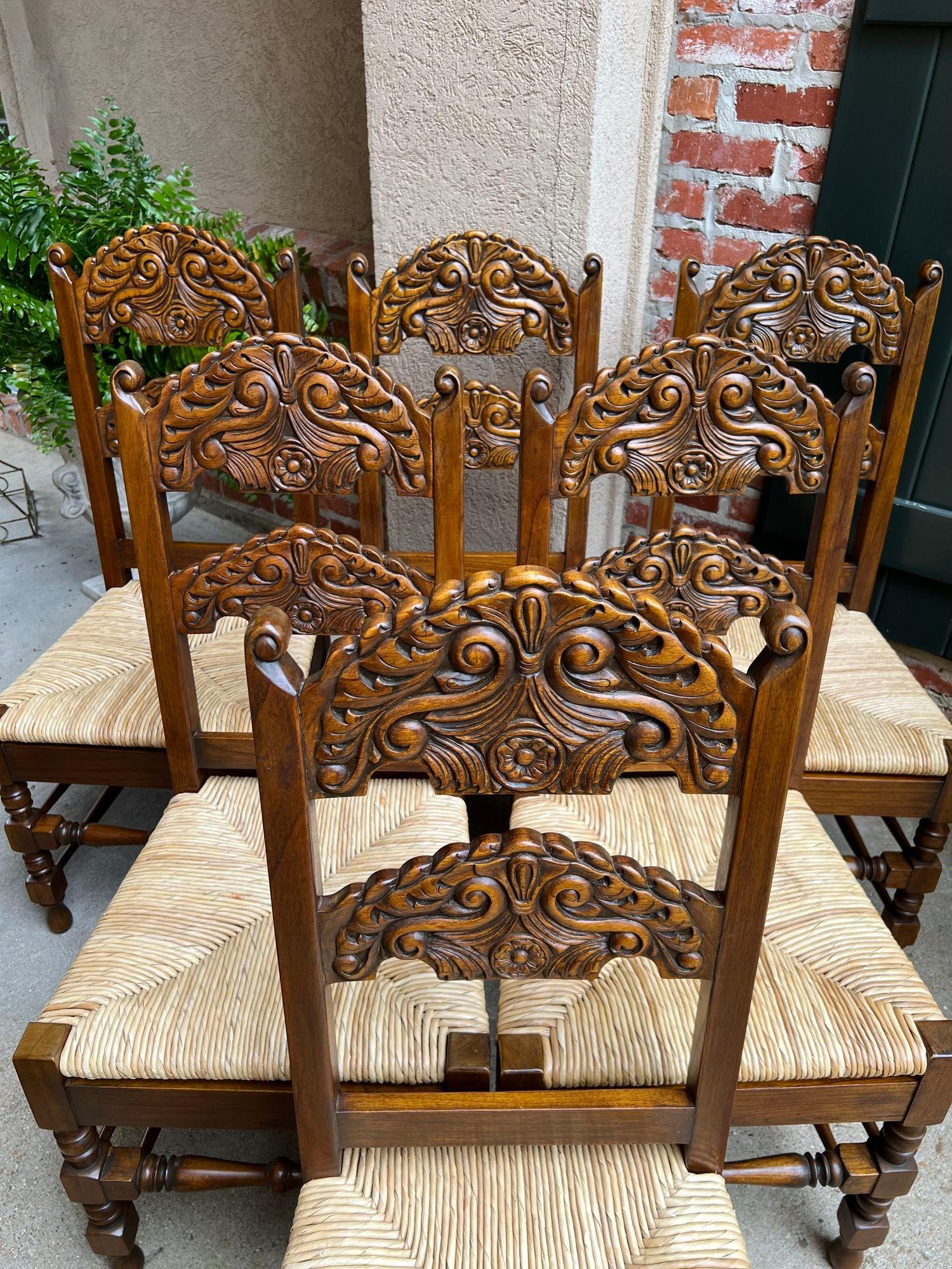 British Set 6 Vintage English Dining Side Chairs Carved Oak Rush Seat Yorkshire Style For Sale