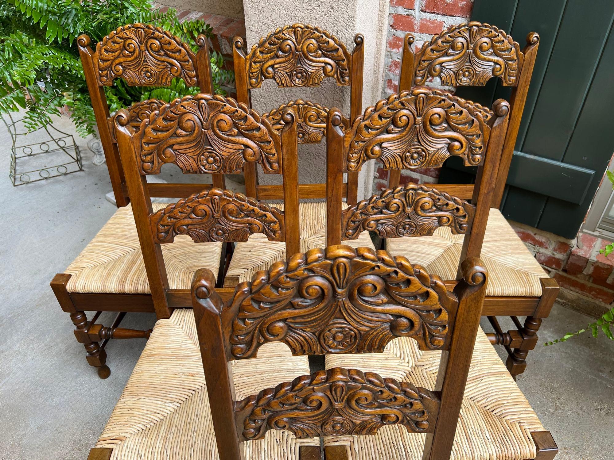 Set 6 Vintage English Dining Side Chairs Carved Oak Rush Seat Yorkshire Style In Good Condition For Sale In Shreveport, LA