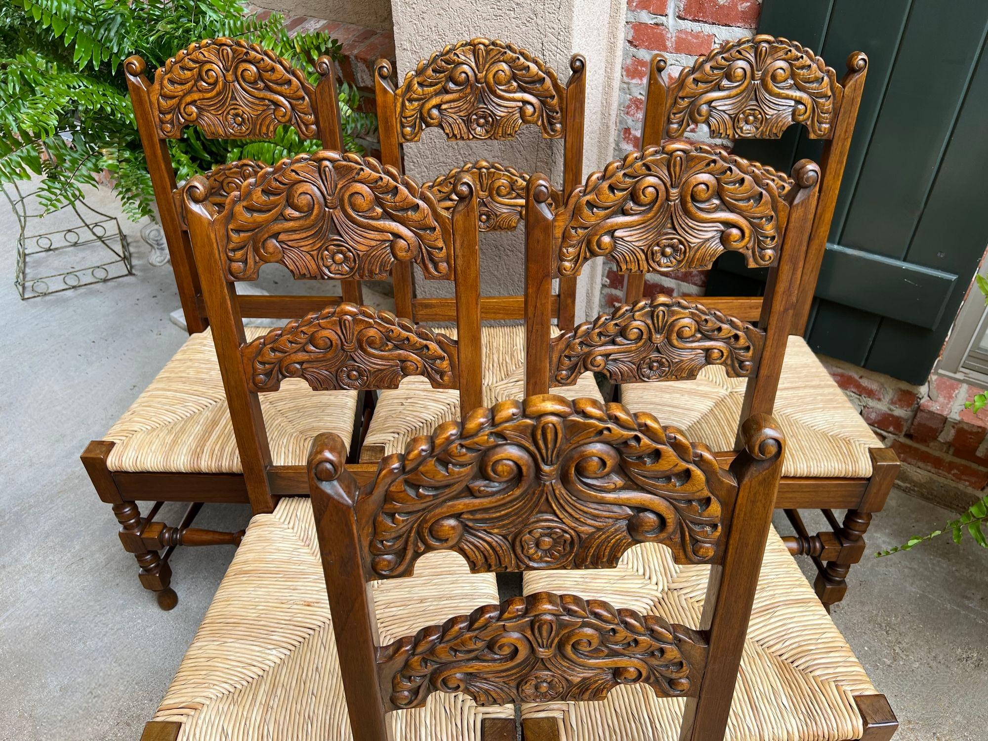 Set 6 Vintage English Dining Side Chairs Carved Oak Rush Seat Yorkshire Style In Good Condition In Shreveport, LA