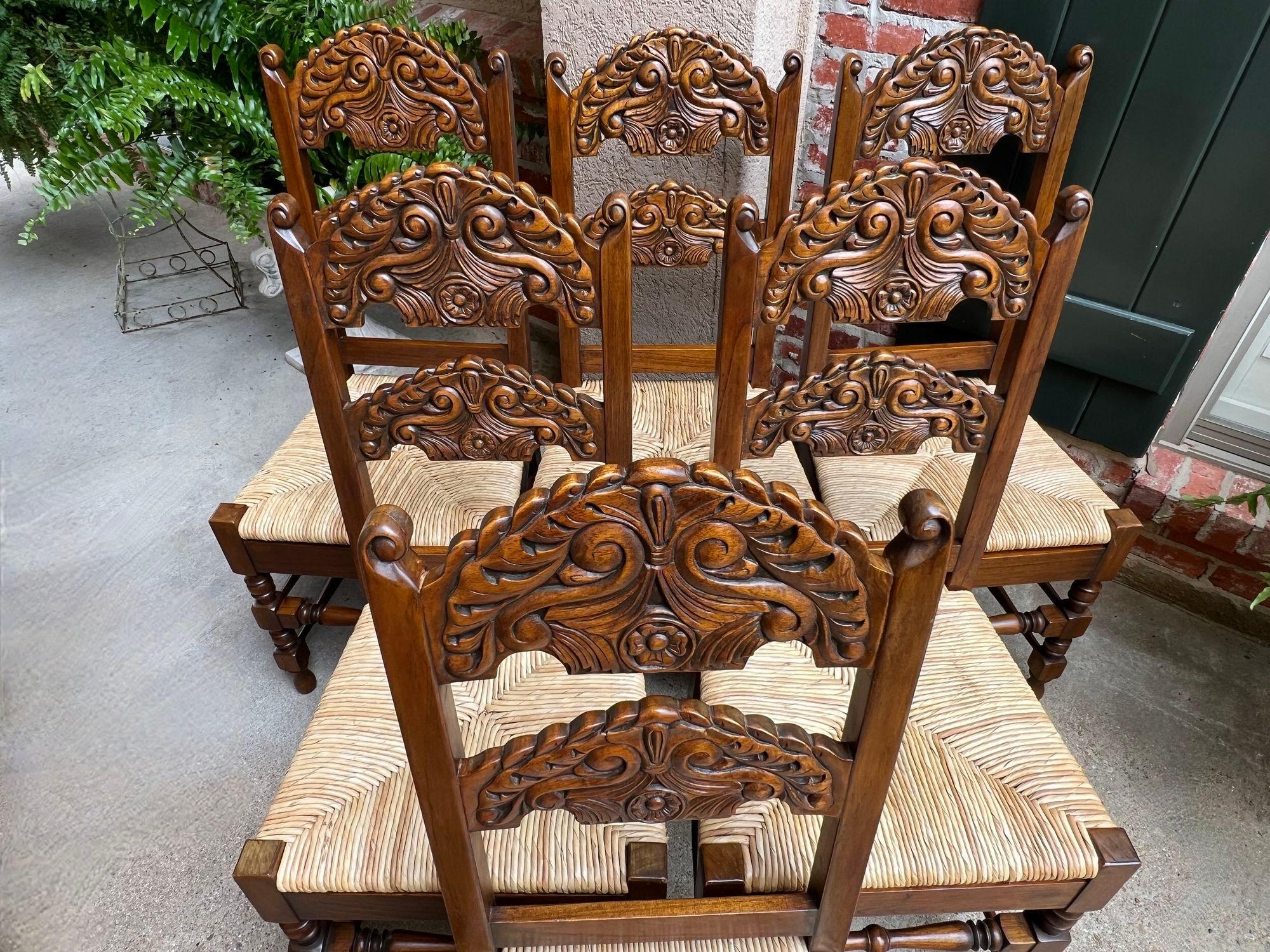 Mid-20th Century Set 6 Vintage English Dining Side Chairs Carved Oak Rush Seat Yorkshire Style