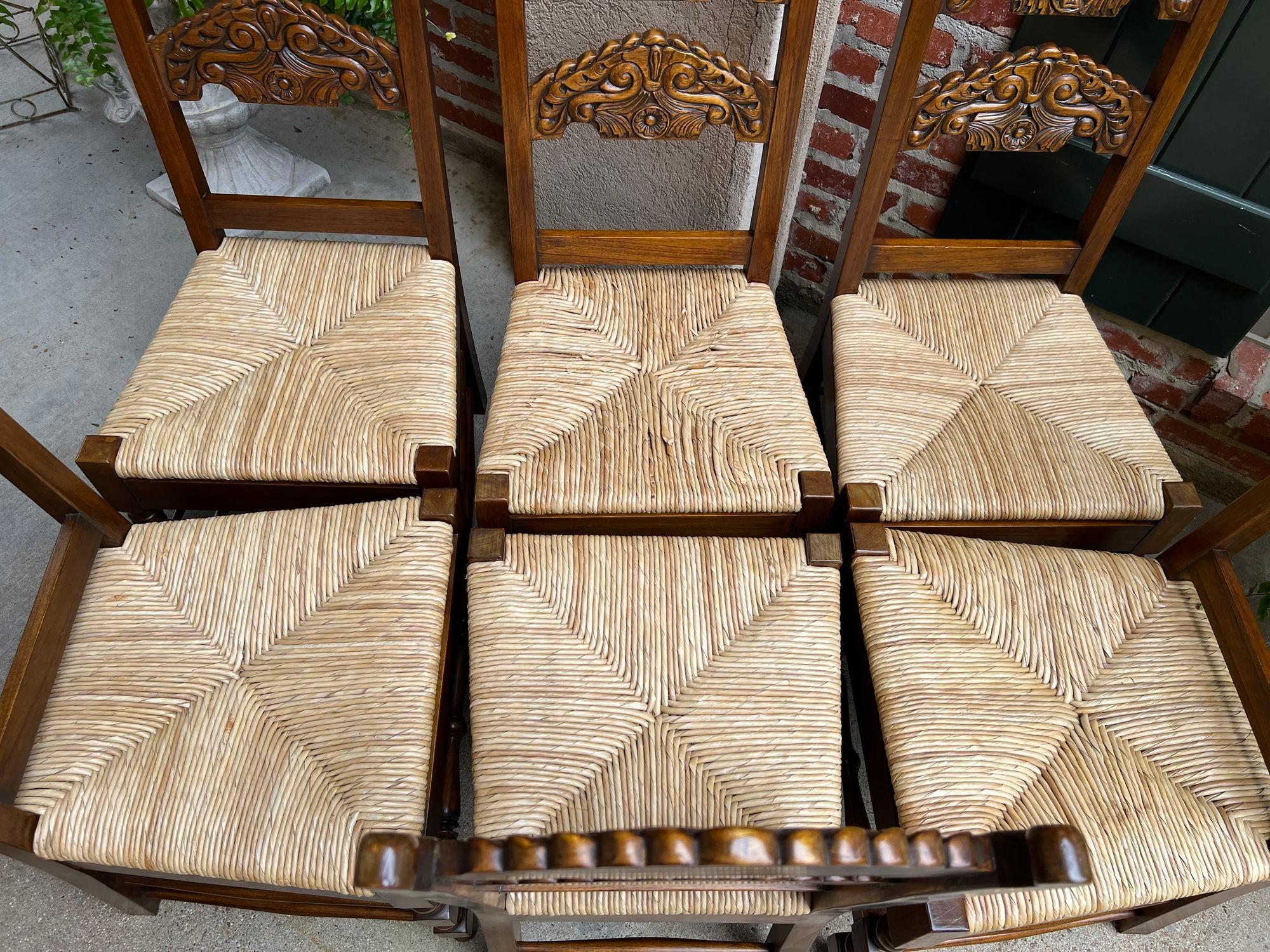Set 6 Vintage English Dining Side Chairs Carved Oak Rush Seat Yorkshire Style 1