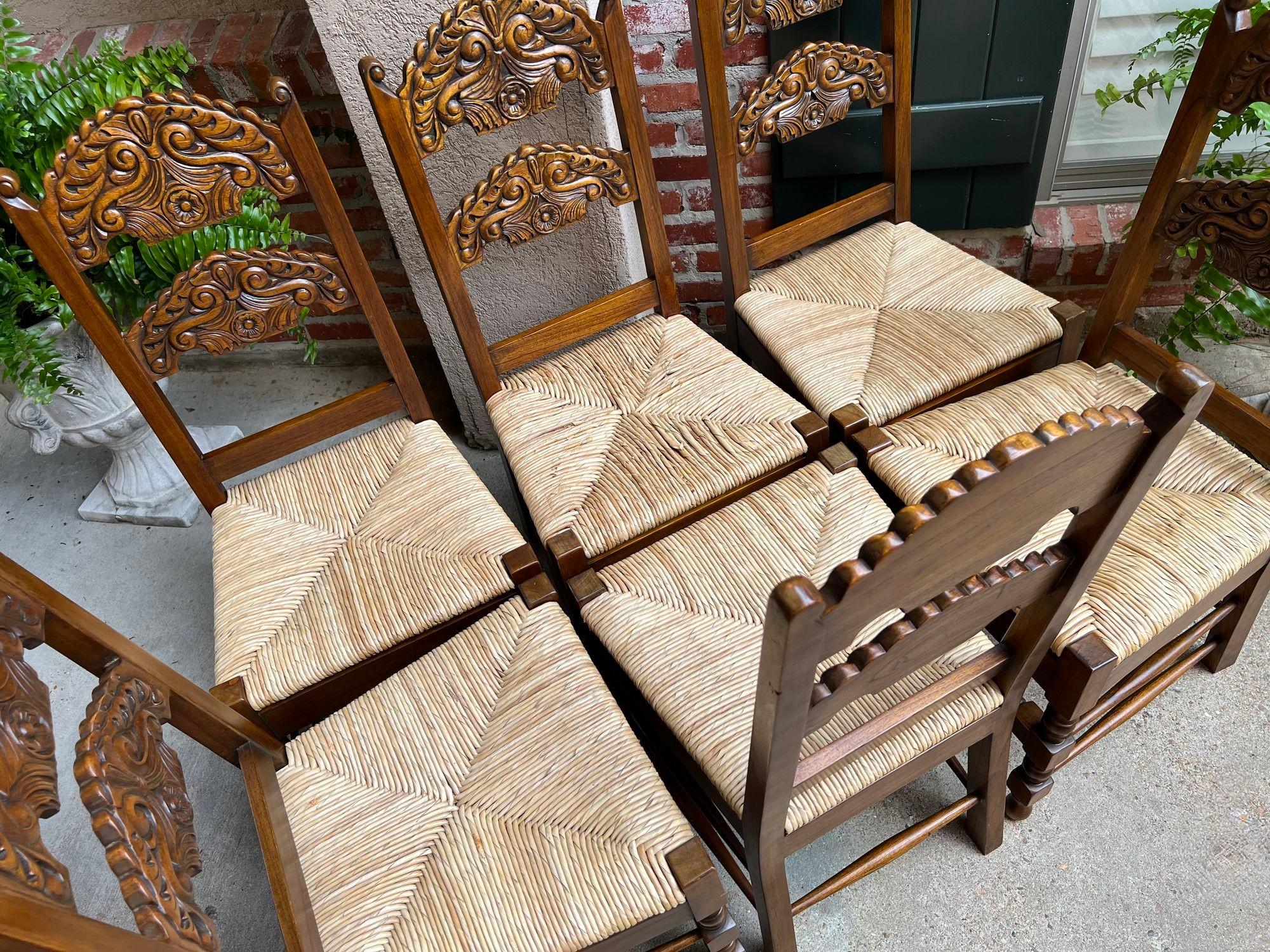 Set 6 Vintage English Dining Side Chairs Carved Oak Rush Seat Yorkshire Style For Sale 2