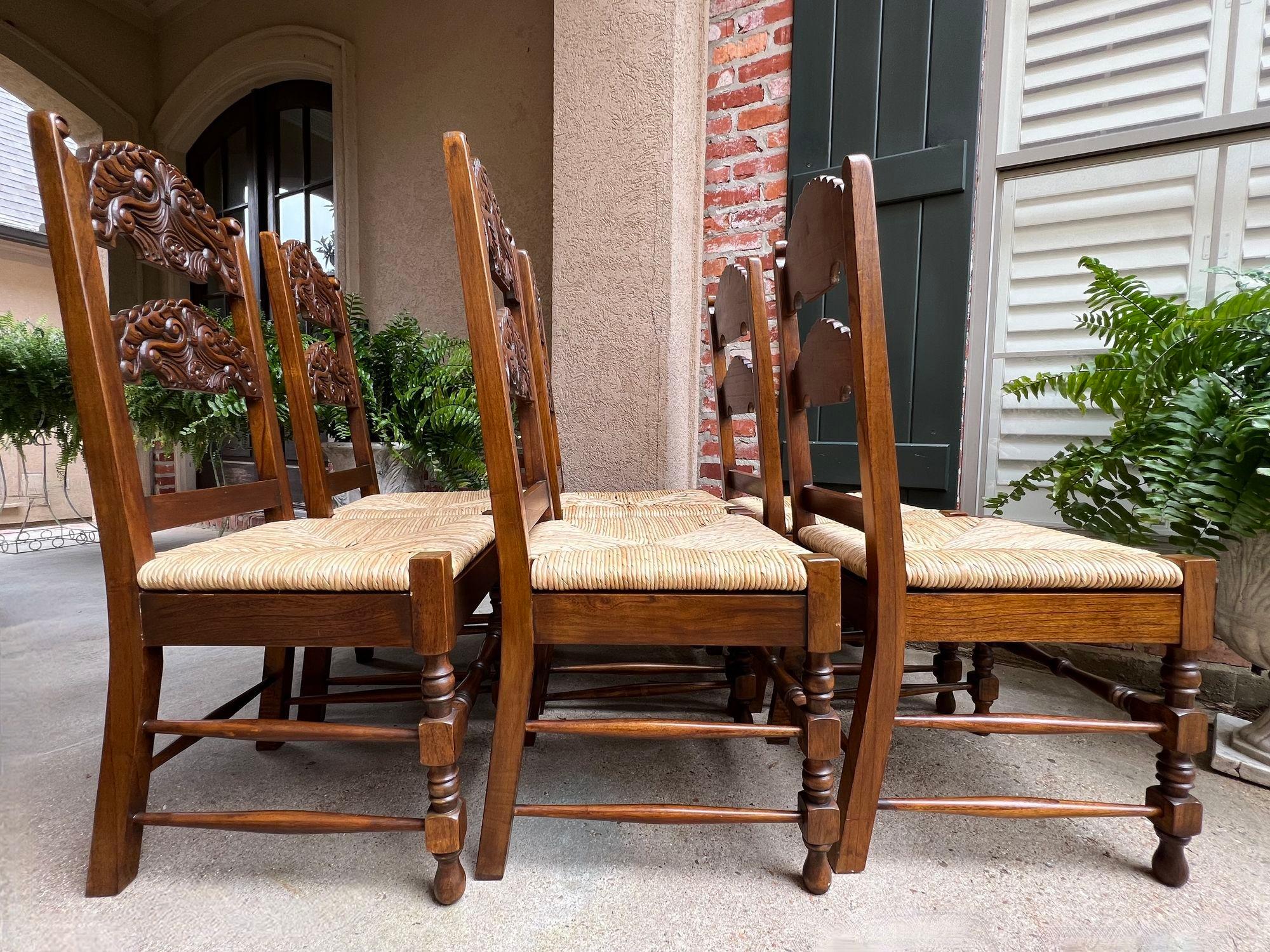 Set 6 Vintage English Dining Side Chairs Carved Oak Rush Seat Yorkshire Style For Sale 3