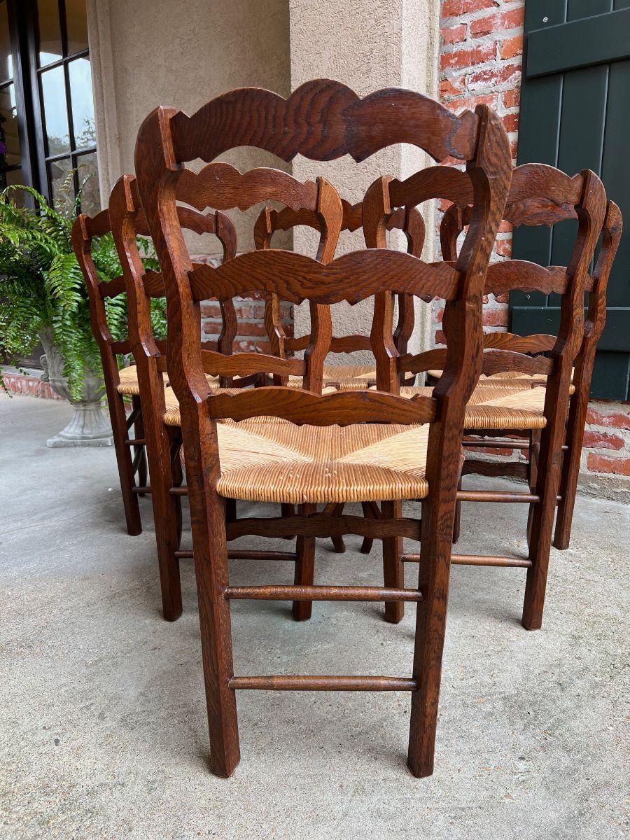 Set 6 Vintage French Carved Oak Ladder Back Dining Kitchen Chair Rush Seat 4