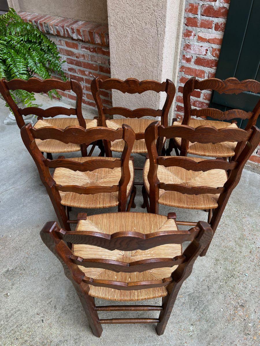 Set 6 Vintage French Carved Oak Ladder Back Dining Kitchen Chair Rush Seat 5