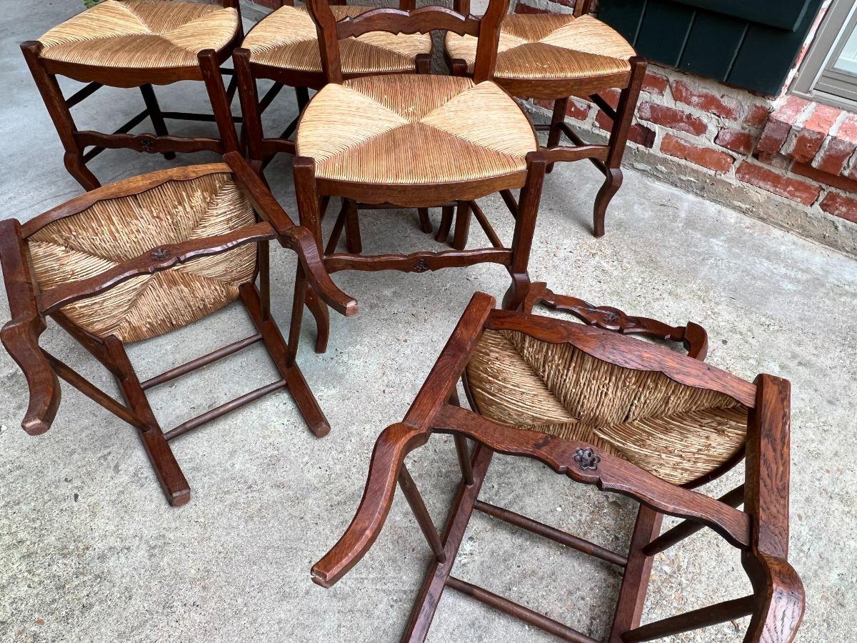 Set 6 Vintage French Carved Oak Ladder Back Dining Kitchen Chair Rush Seat 6