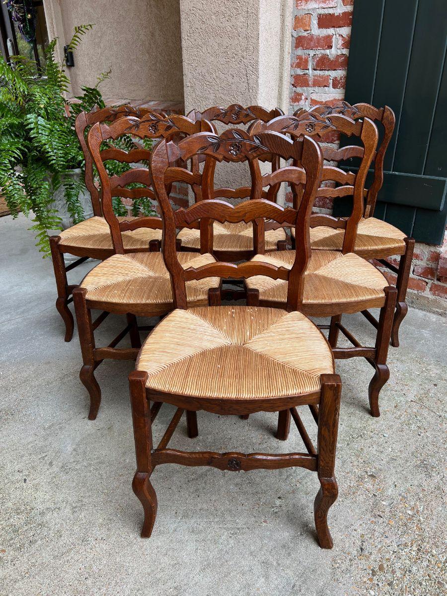 Set 6 Vintage French Carved Oak Ladder Back Dining Kitchen Chair Rush Seat 7