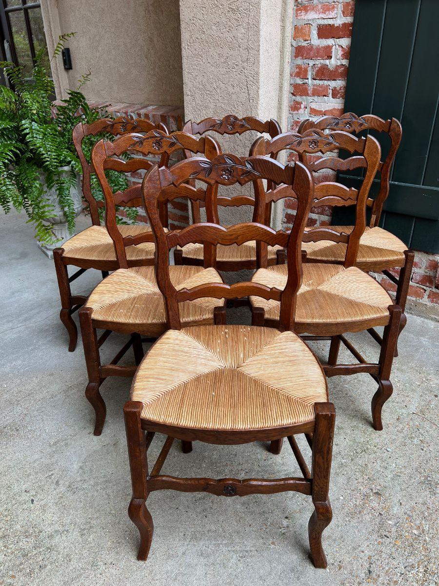 Set 6 Vintage French Carved Oak Ladder Back Dining Kitchen Chair Rush Seat 8