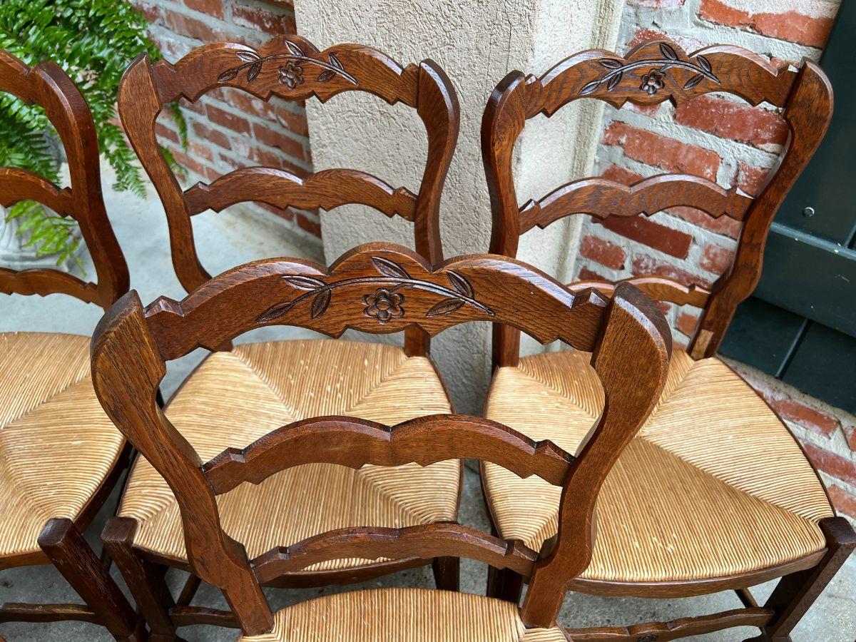 Set 6 Vintage French Carved Oak Ladder Back Dining Kitchen Chair Rush Seat 9