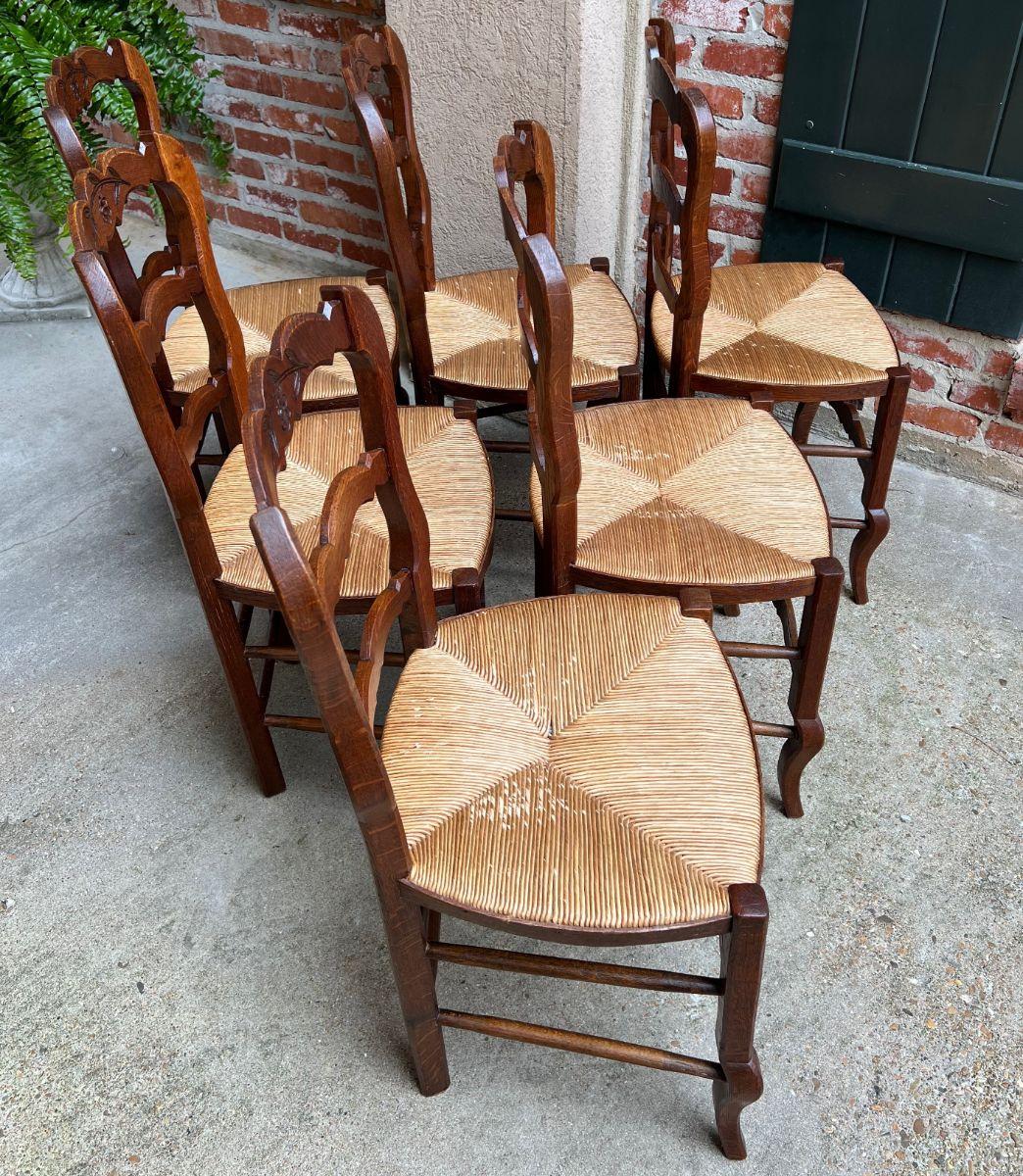 Set 6 Vintage French Carved Oak Ladder Back Dining Kitchen Chair Rush Seat 10