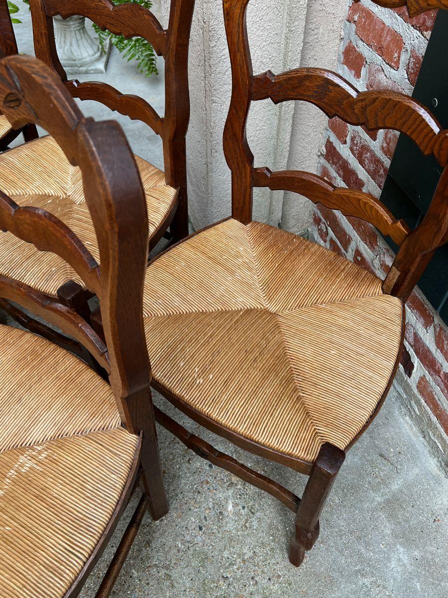 Set 6 Vintage French Carved Oak Ladder Back Dining Kitchen Chair Rush Seat 13
