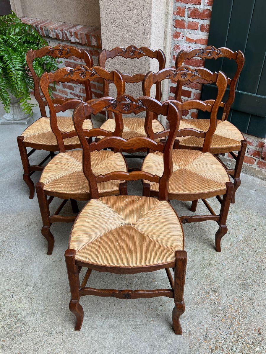 Louis XVI Set 6 Vintage French Carved Oak Ladder Back Dining Kitchen Chair Rush Seat