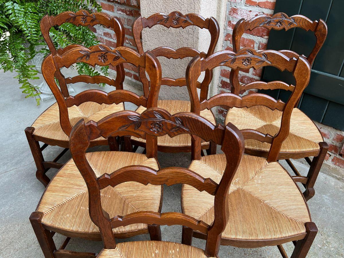 Woven Set 6 Vintage French Carved Oak Ladder Back Dining Kitchen Chair Rush Seat