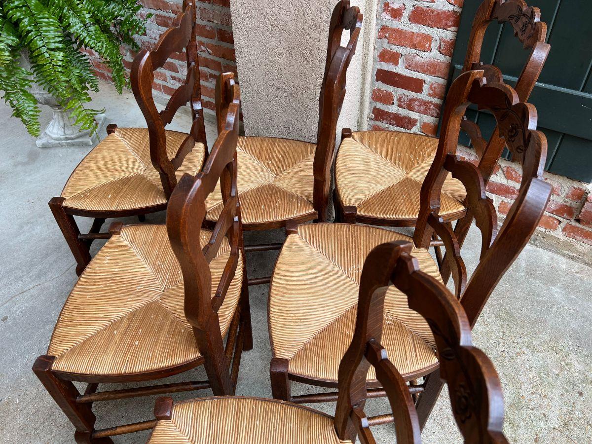 Set 6 Vintage French Carved Oak Ladder Back Dining Kitchen Chair Rush Seat 1