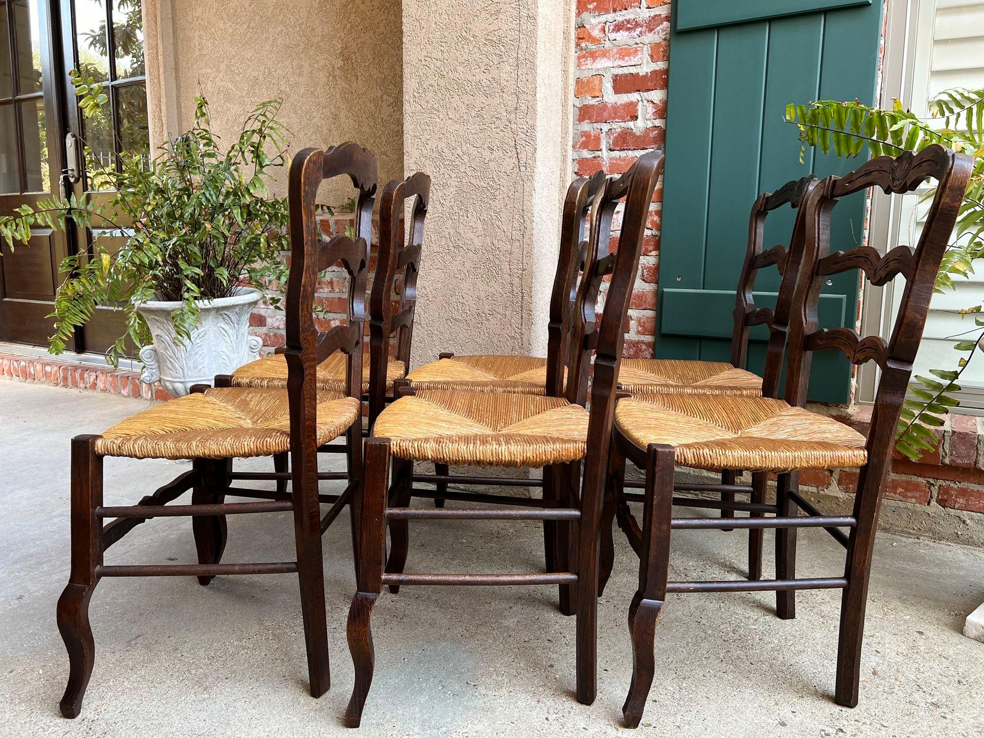 Set 6 Vintage French Dining Chair Rush Seat Louis XV Ladder Back Carved Oak 5