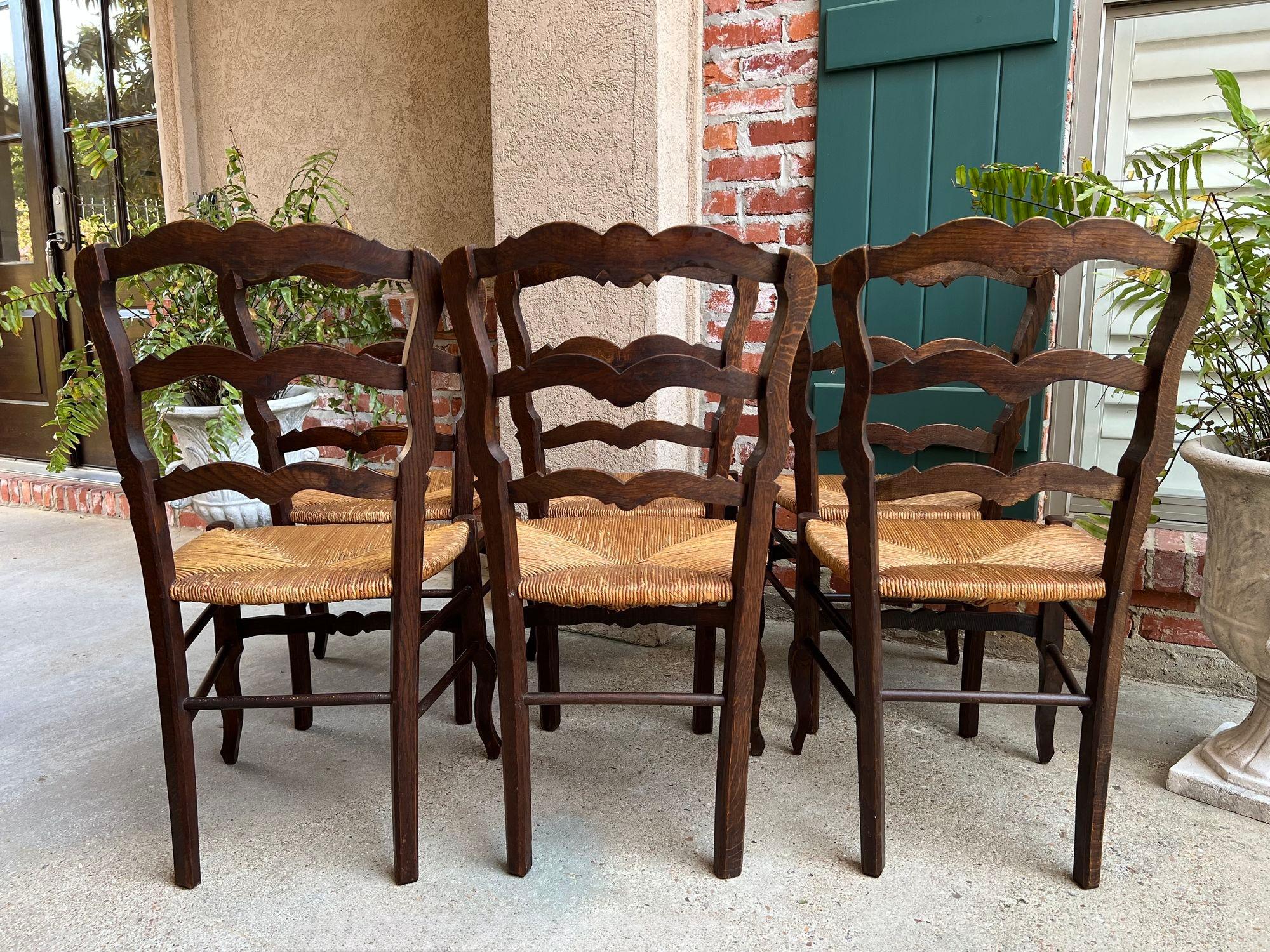 Set 6 Vintage French Dining Chair Rush Seat Louis XV Ladder Back Carved Oak 6