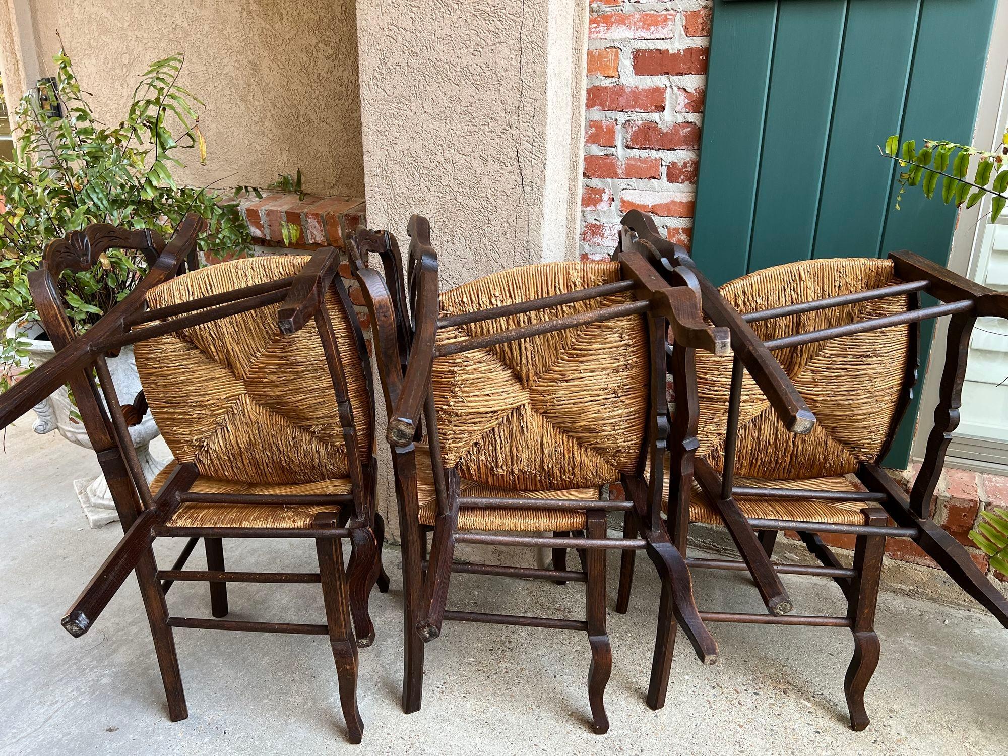 Set 6 Vintage French Dining Chair Rush Seat Louis XV Ladder Back Carved Oak 7