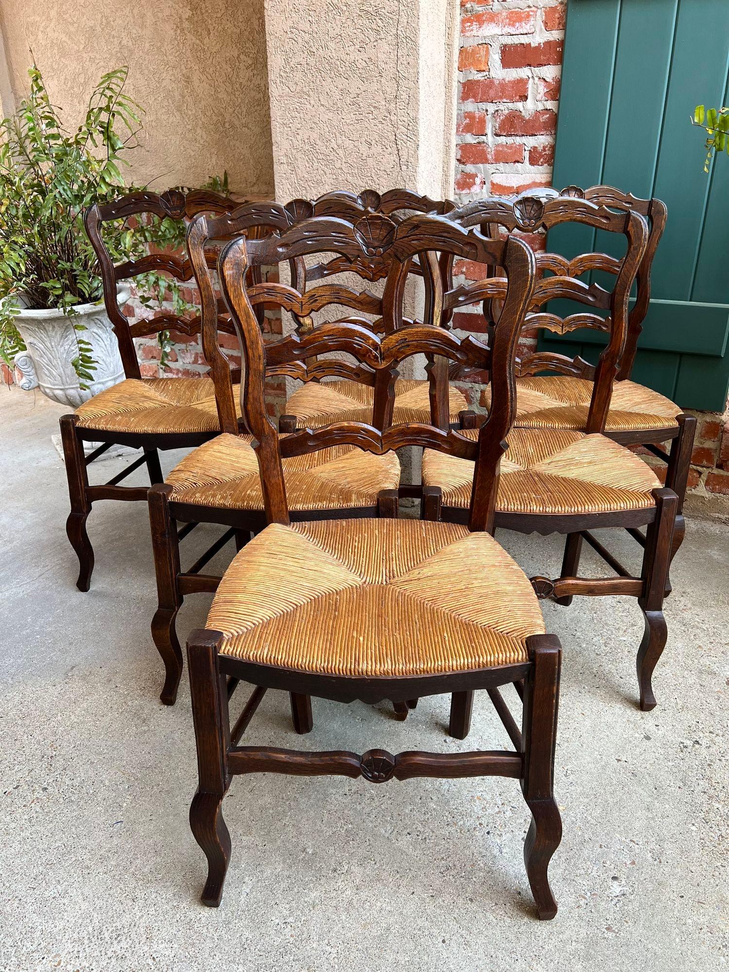 Set 6 Vintage French Dining Chair Rush Seat Louis XV Ladder Back Carved Oak 8