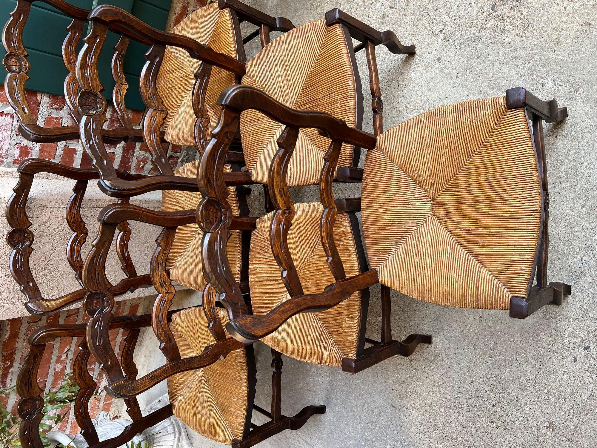 Set 6 Vintage French Dining Chair Rush Seat Louis XV Ladder Back Carved Oak 9