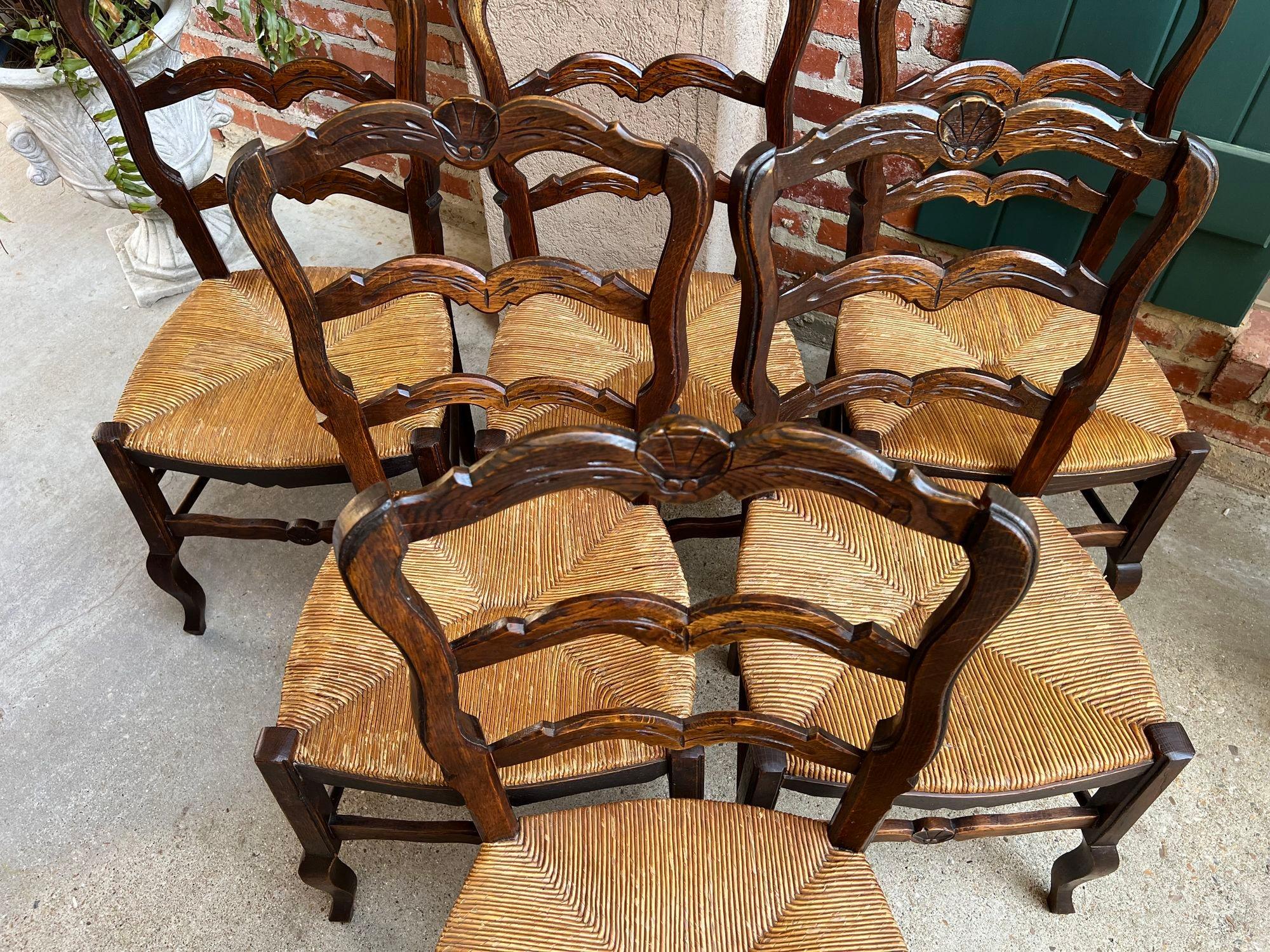 Set 6 Vintage French Dining Chair Rush Seat Louis XV Ladder Back Carved Oak 10