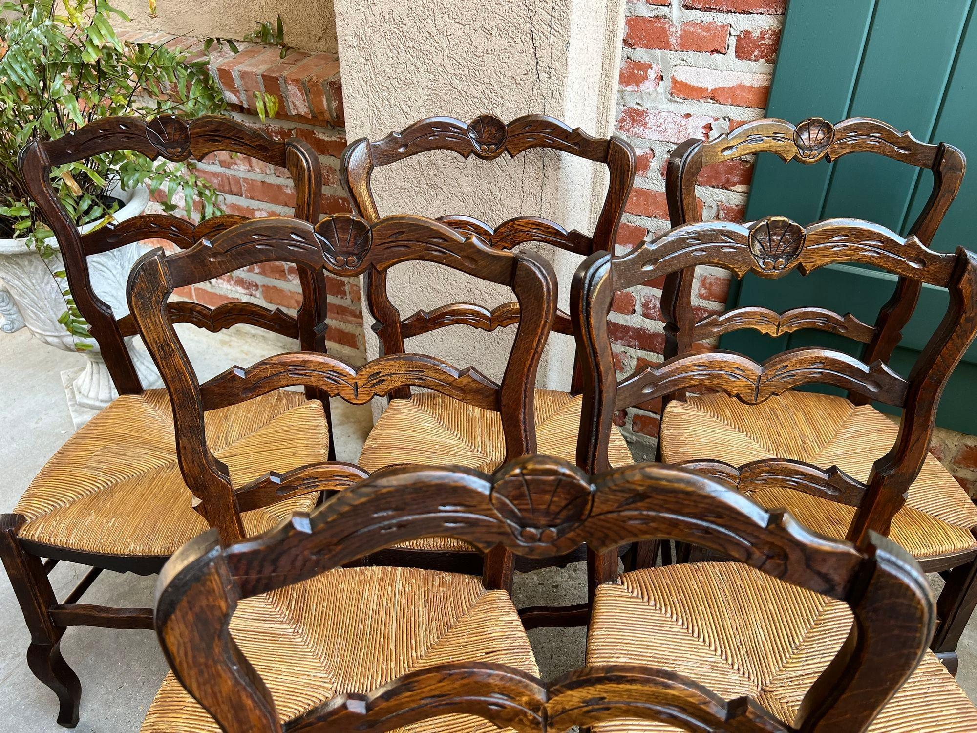 Set 6 Vintage French Dining Chair Rush Seat Louis XV Ladder Back Carved Oak 11