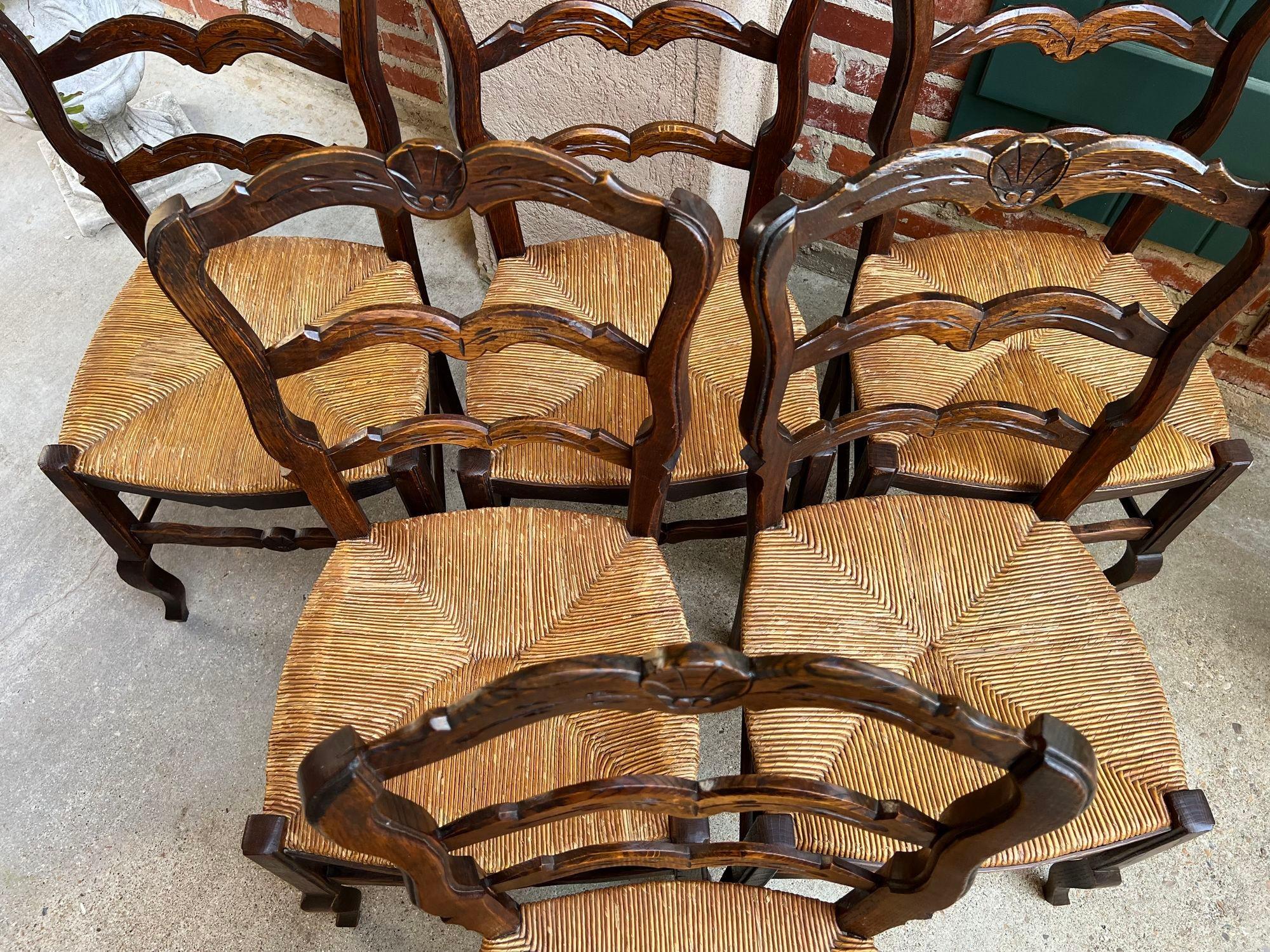 Set 6 Vintage French Dining Chair Rush Seat Louis XV Ladder Back Carved Oak 12