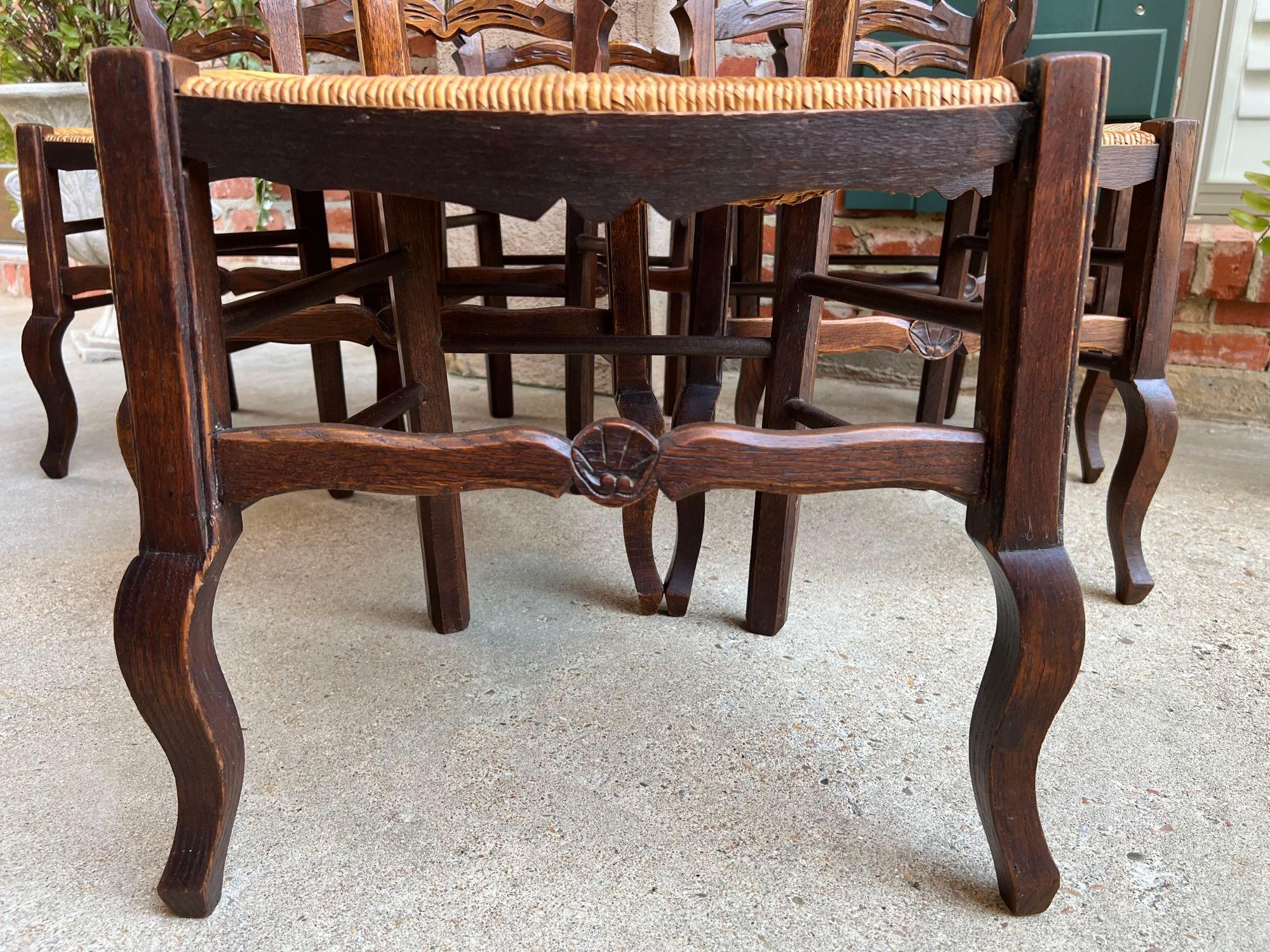 Set 6 Vintage French Dining Chair Rush Seat Louis XV Ladder Back Carved Oak 13