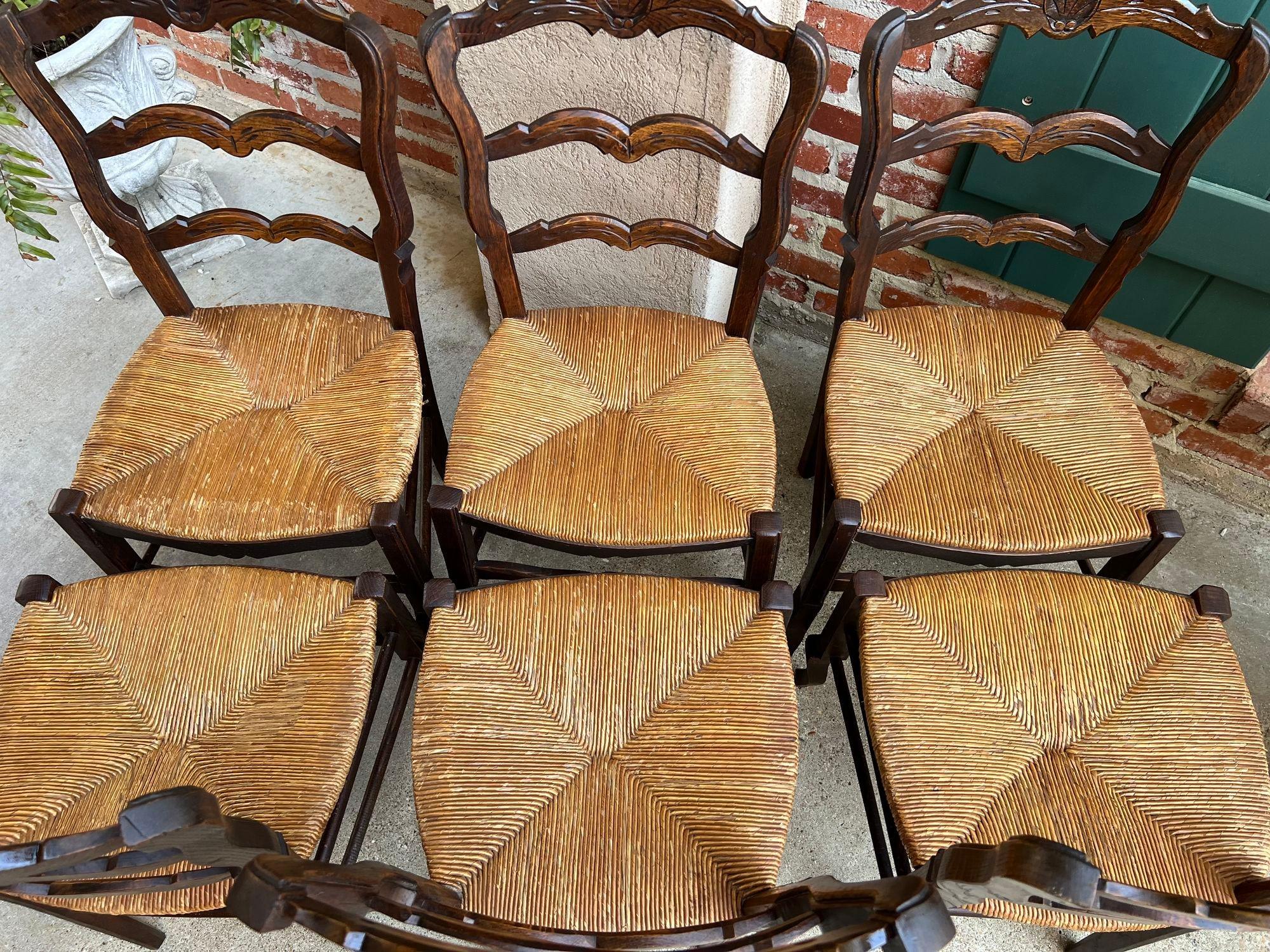Set 6 Vintage French Dining Chair Rush Seat Louis XV Ladder Back Carved Oak 14