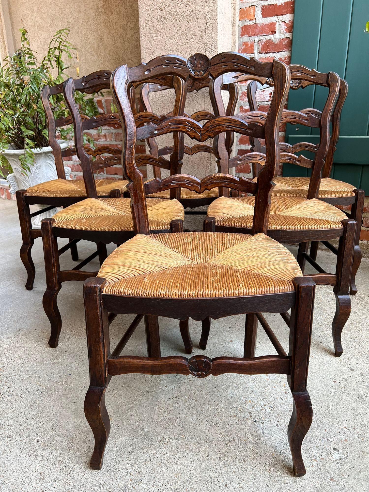 French Provincial Set 6 Vintage French Dining Chair Rush Seat Louis XV Ladder Back Carved Oak