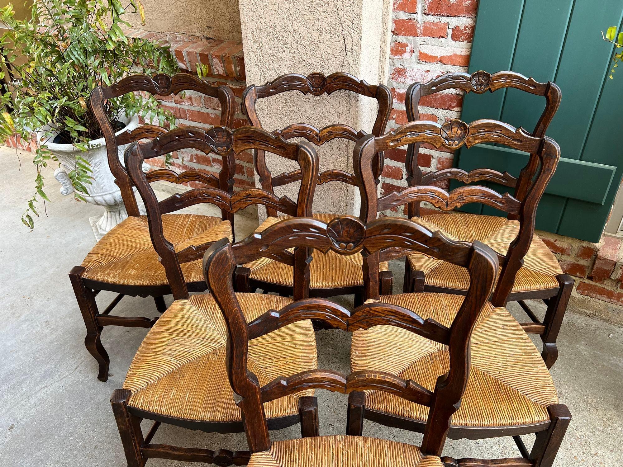 Mid-20th Century Set 6 Vintage French Dining Chair Rush Seat Louis XV Ladder Back Carved Oak