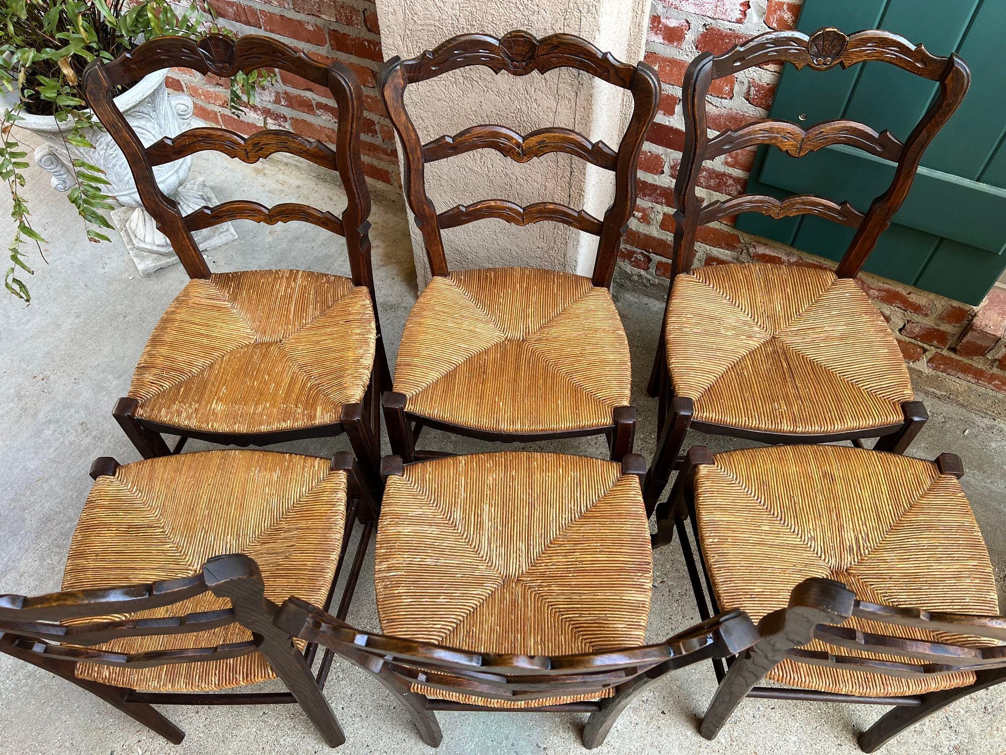 Set 6 Vintage French Dining Chair Rush Seat Louis XV Ladder Back Carved Oak 1