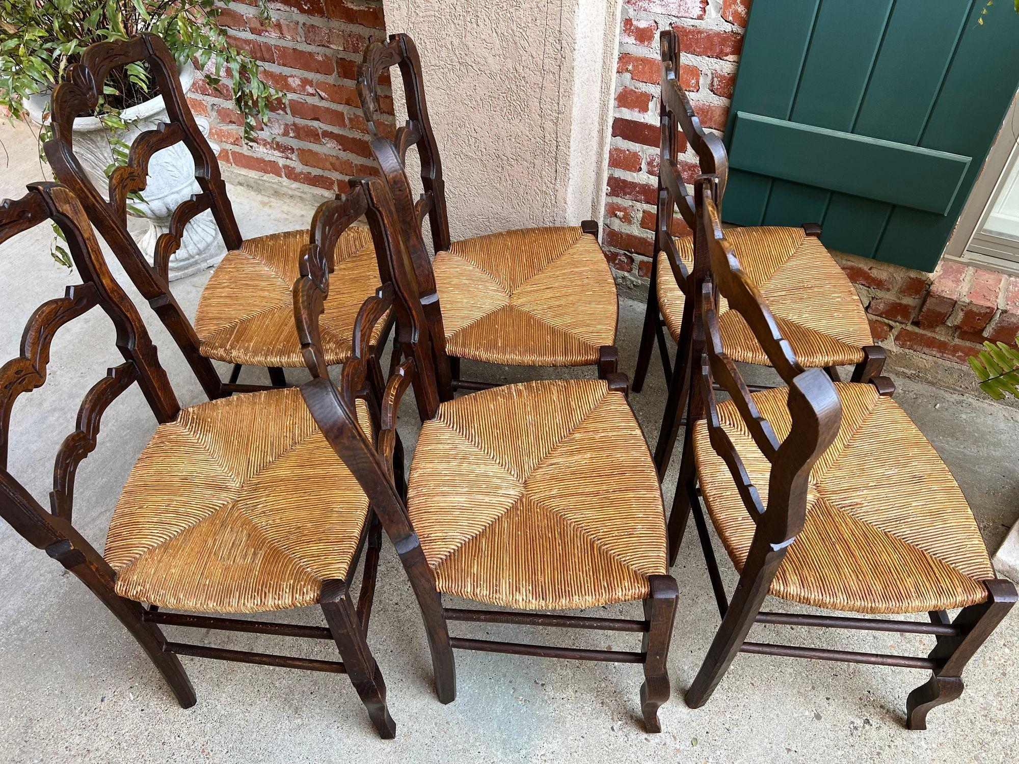 Set 6 Vintage French Dining Chair Rush Seat Louis XV Ladder Back Carved Oak 2