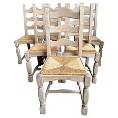 Set di 6 sedie da pranzo con schienale a scaletta francese vintage con seduta in giunco, in Oak Oak sbiancato.
